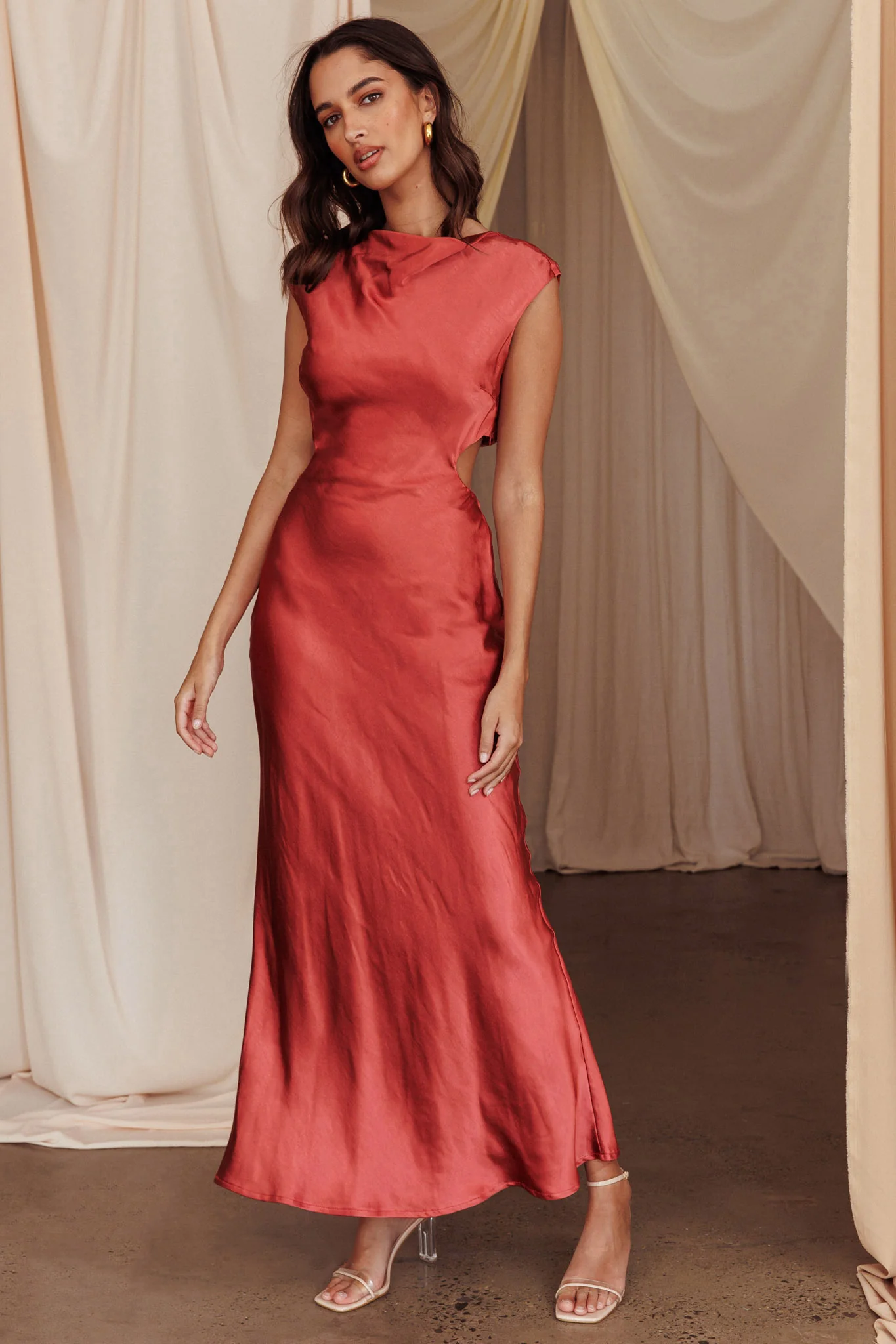 Starlight Sonata Cut-Out Cowl Back Maxi Dress Autumn - Image 4