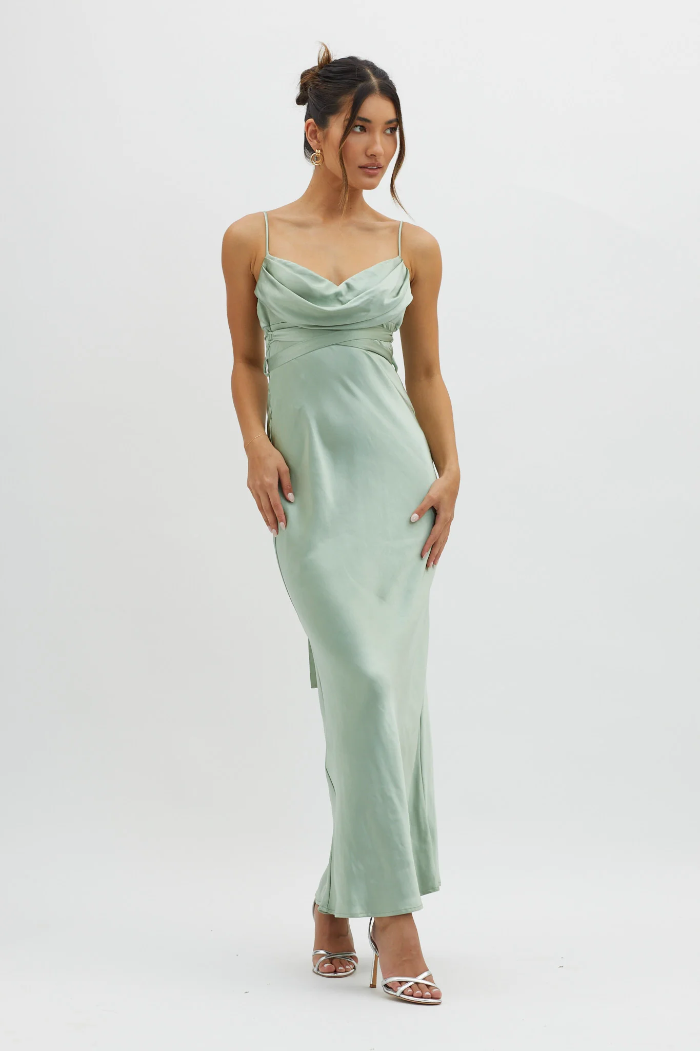 Starring Role Cowl Bust Waist Tie Dress Sage - Image 4