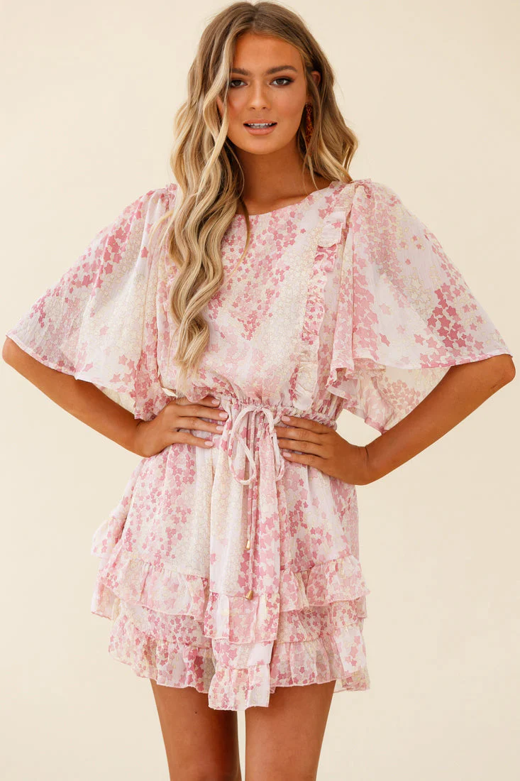 Stars Aligned Angel Sleeve Drawstring Waist Dress Star Print Pink - Image 4