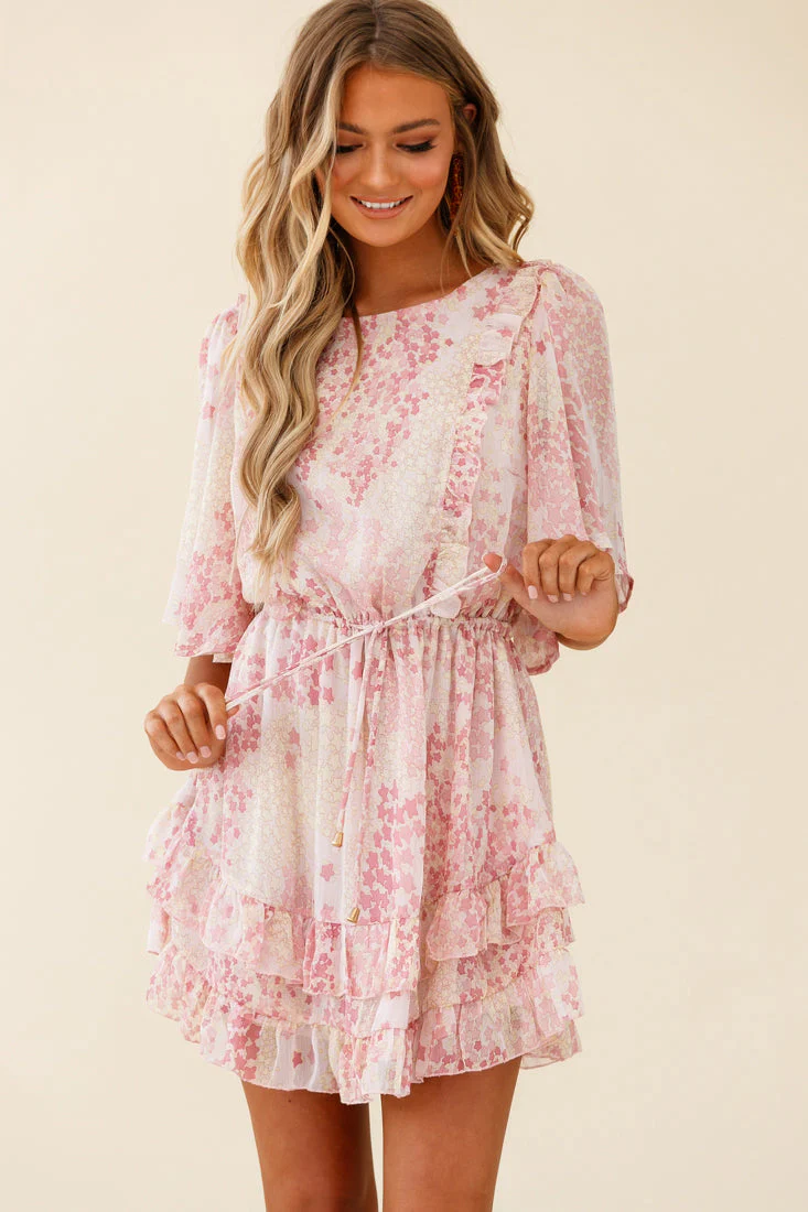 Stars Aligned Angel Sleeve Drawstring Waist Dress Star Print Pink - Image 5