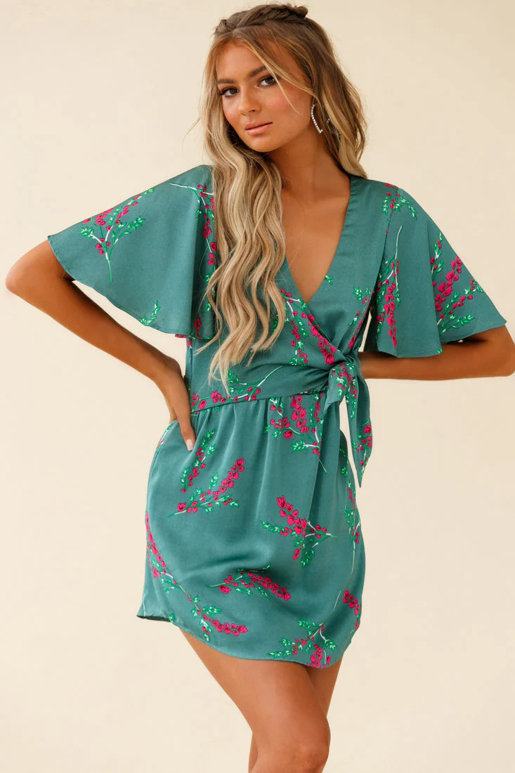 Stealing Hearts Flutter Sleeve Wrap Front Dress Floral Print Olive - Image 4