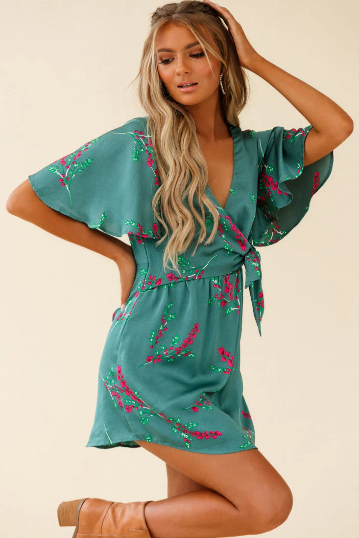Stealing Hearts Flutter Sleeve Wrap Front Dress Floral Print Olive - Image 6