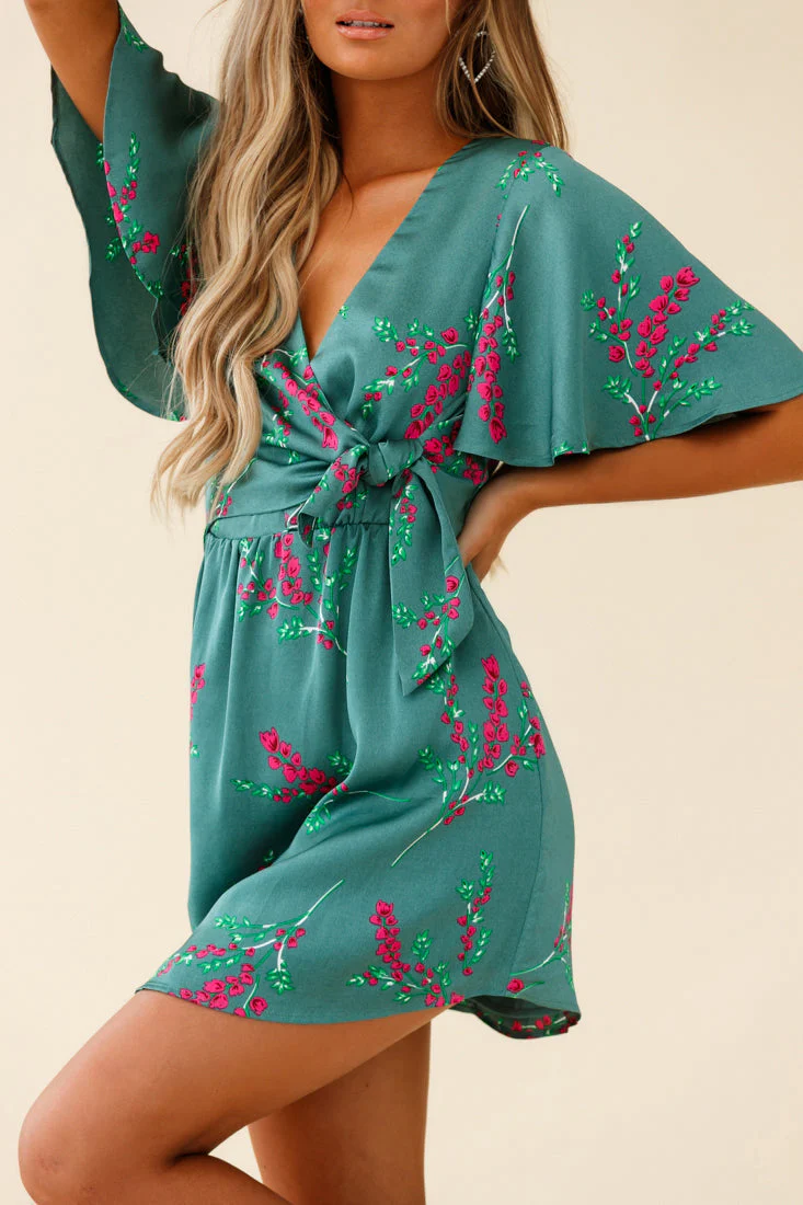 Stealing Hearts Flutter Sleeve Wrap Front Dress Floral Print Olive - Image 7