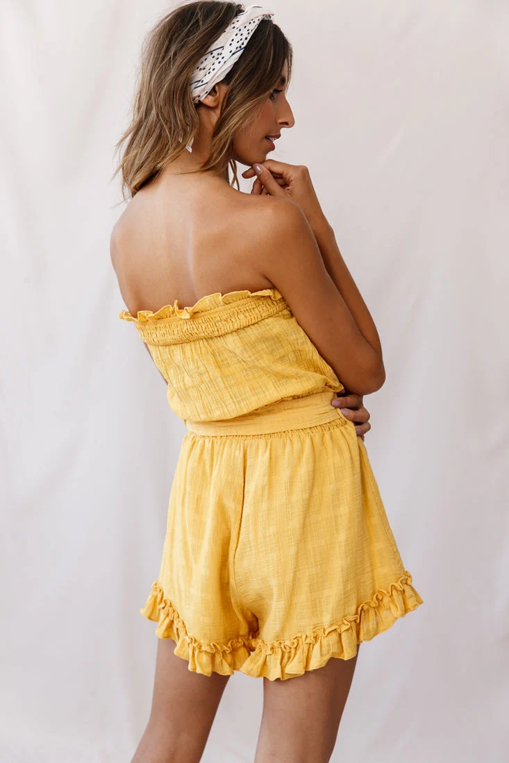 Stephy Frill-Trimmed Elasticated Strapless Romper Yellow - Image 4