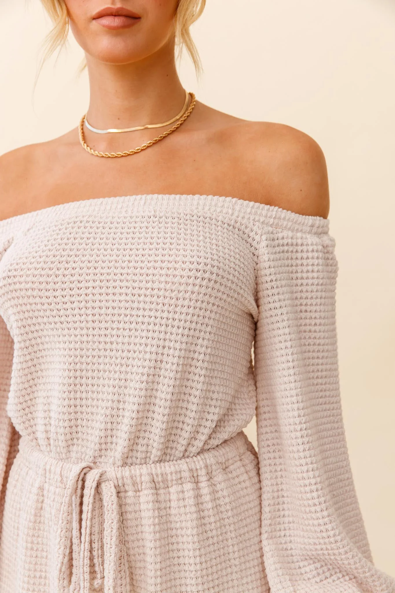 Sticks And Stones Off-Shoulder Drawstring Waist Romper Beige - Image 4
