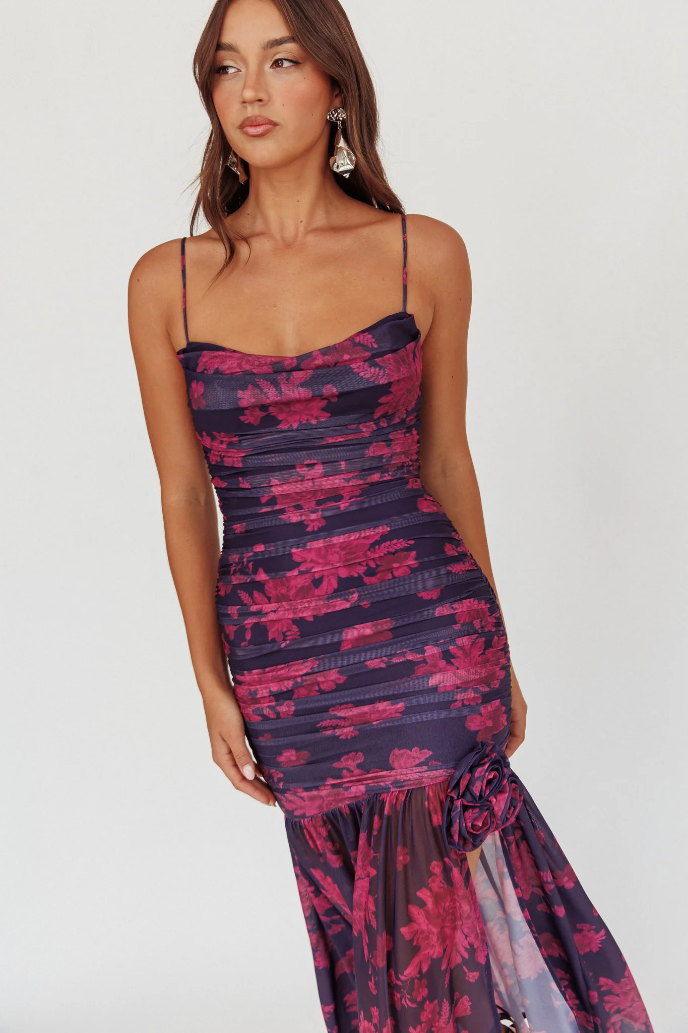 Stole The Show Ruched Mesh Maxi Dress Floral Grape - Image 2
