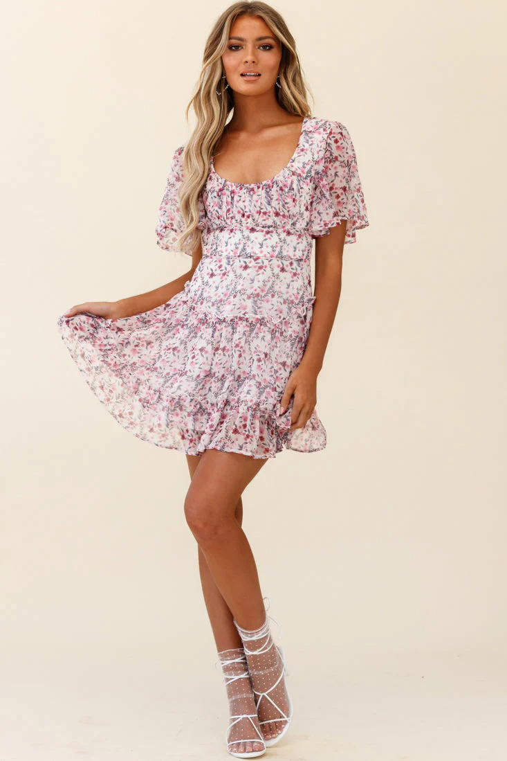 Stolen Moments Angel Sleeve Ruffle Dress Floral Print Pink Multi - Image 4