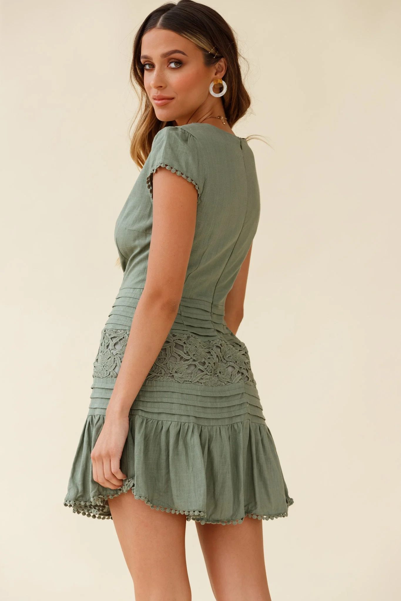Storybook Cap Sleeve Pintuck Detail Dress Olive - Image 3