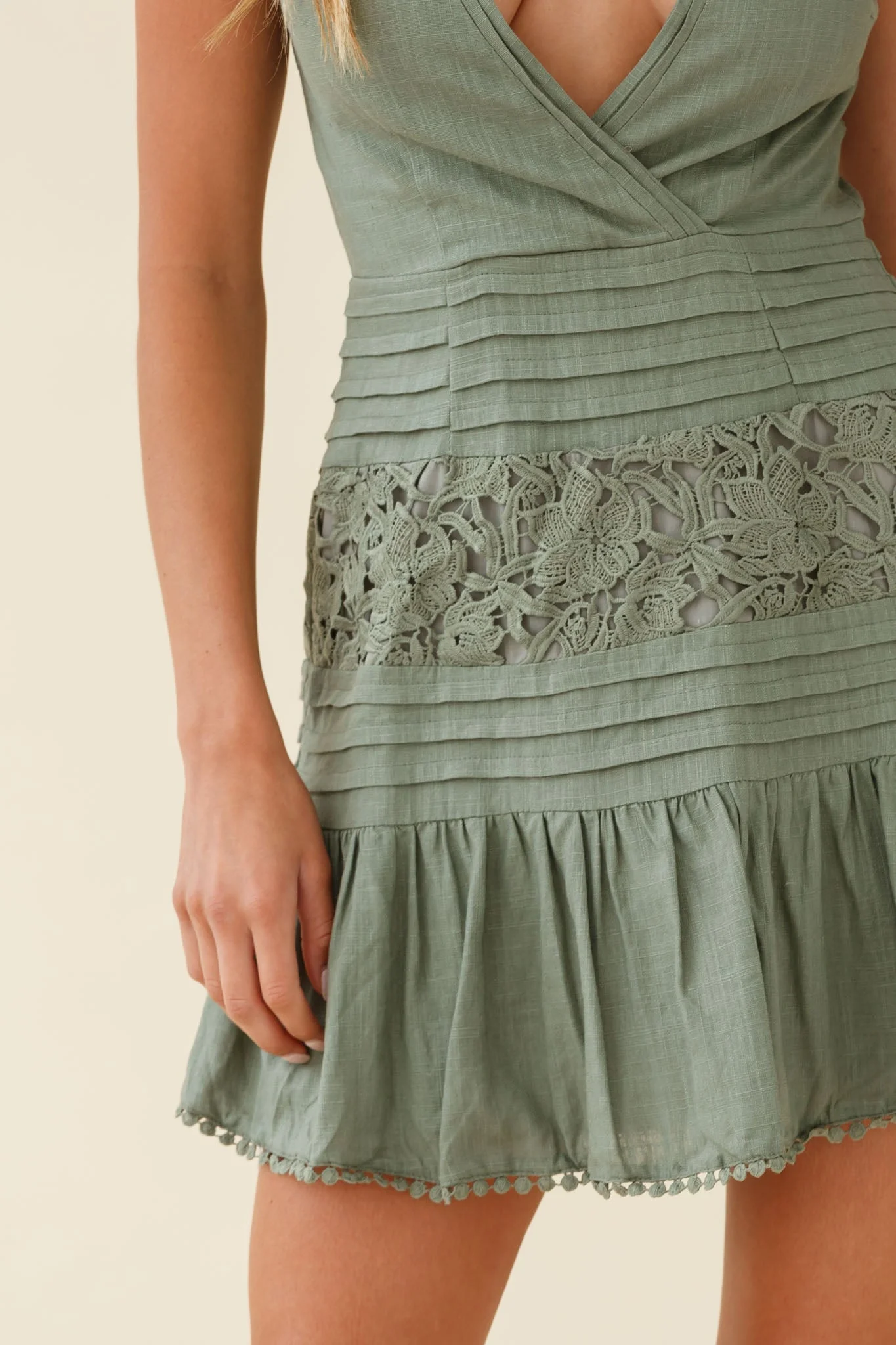 Storybook Cap Sleeve Pintuck Detail Dress Olive - Image 4