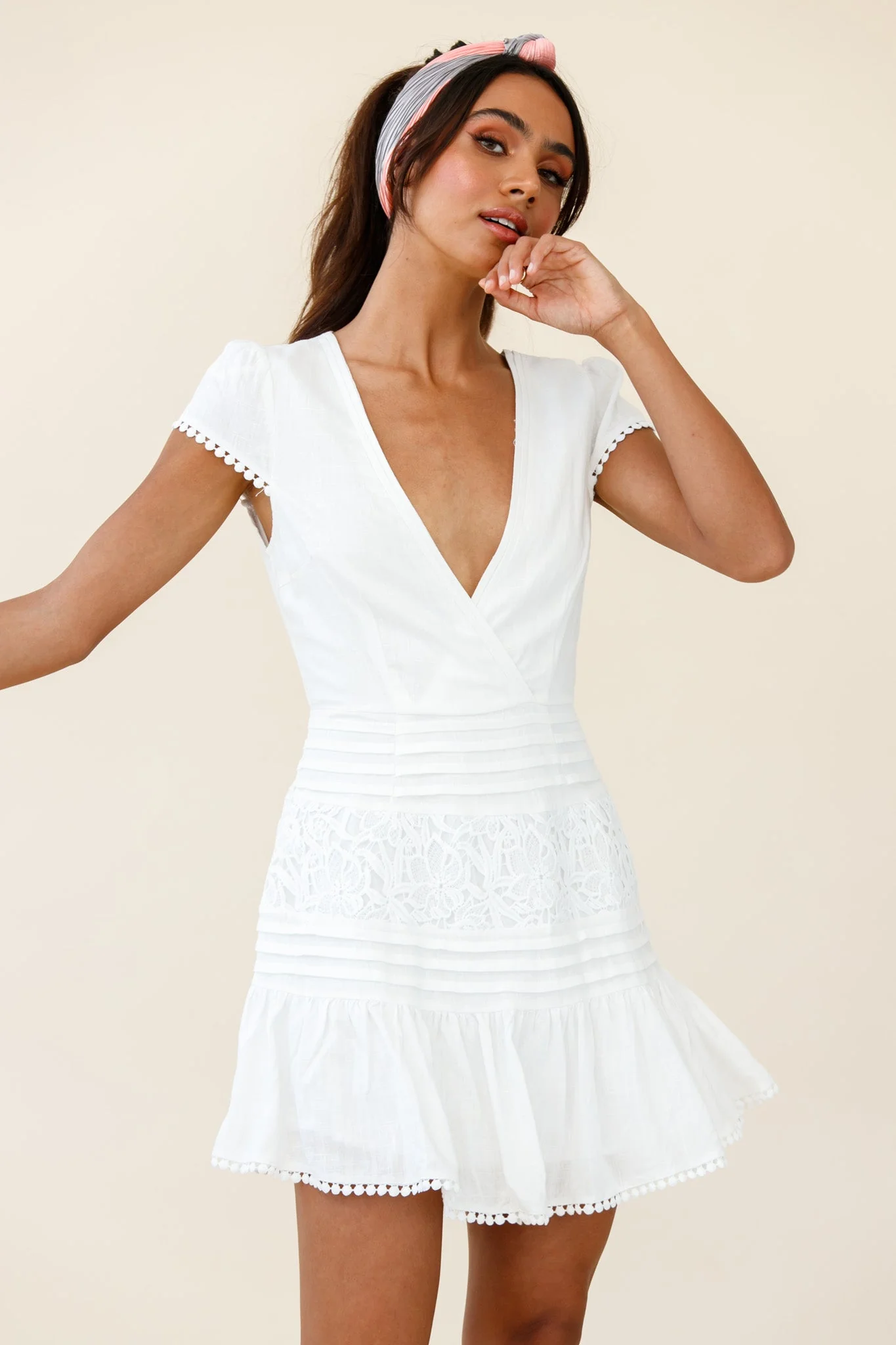 Storybook Cap Sleeve Pintuck Detail Dress White - Image 5