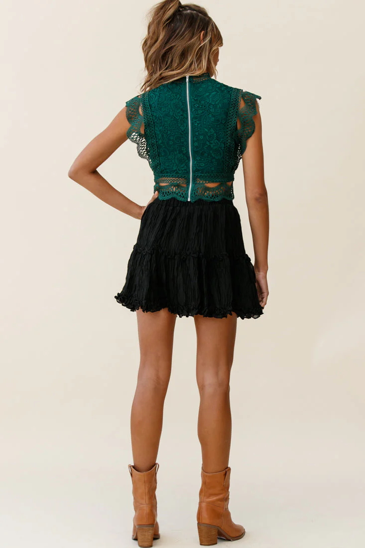 Straight Up High-Neck Lace Overlay Crop Top Forest Green - Image 3