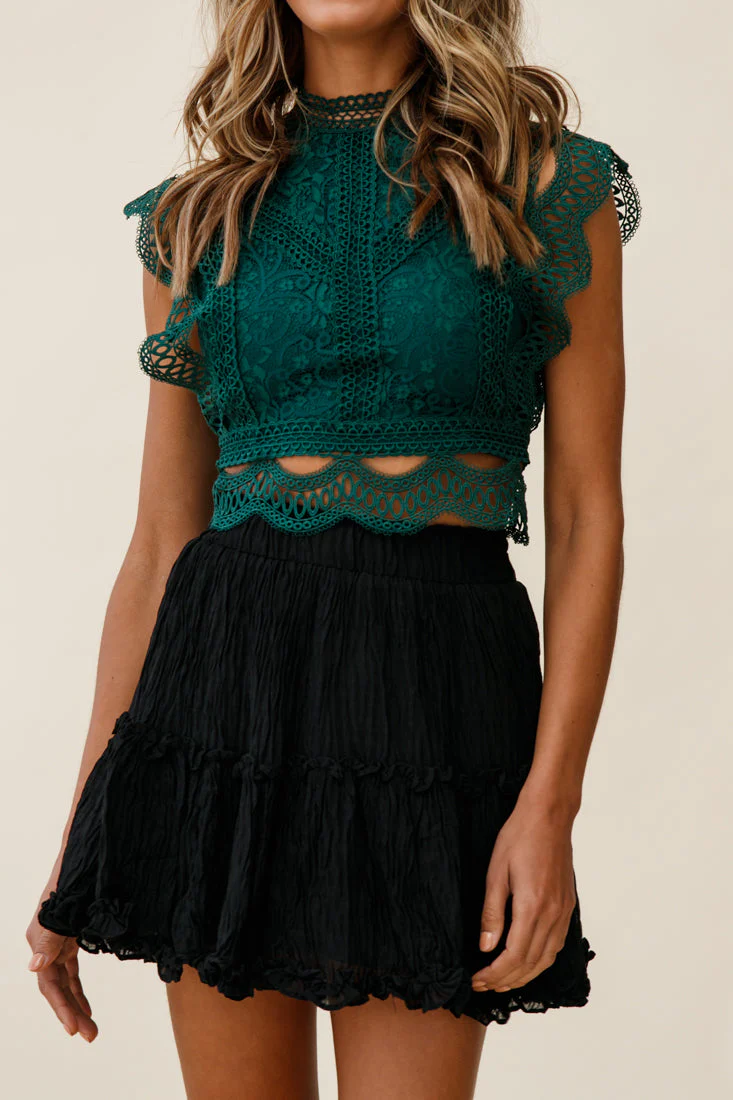 Straight Up High-Neck Lace Overlay Crop Top Forest Green - Image 6