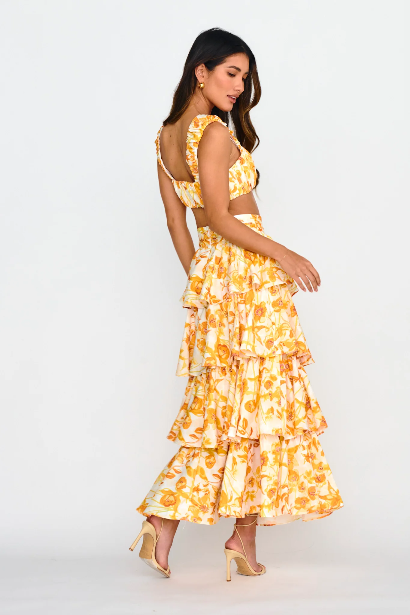 Suenito Tiered Frill Maxi Skirt Floral Orange - Image 3