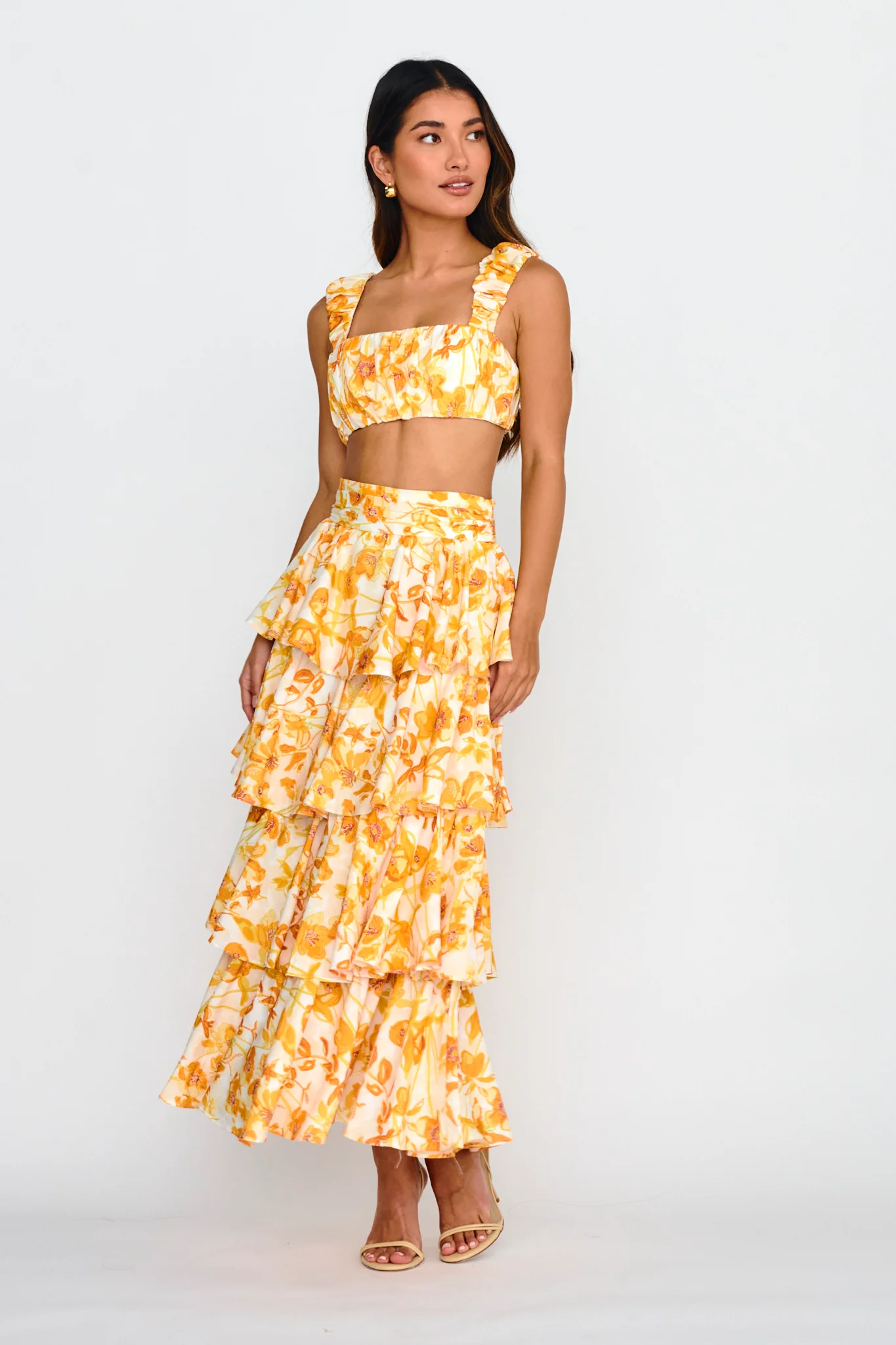 Suenito Tiered Frill Maxi Skirt Floral Orange - Image 5