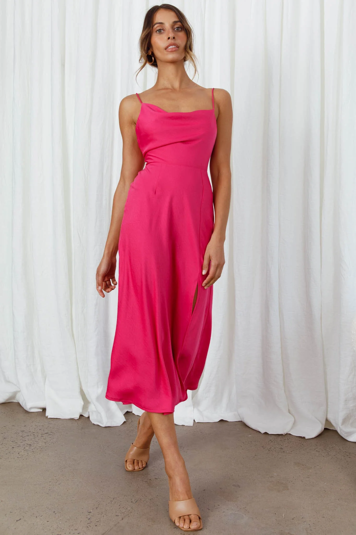 Suki Front Split Midi Dress Hot Pink - Image 3