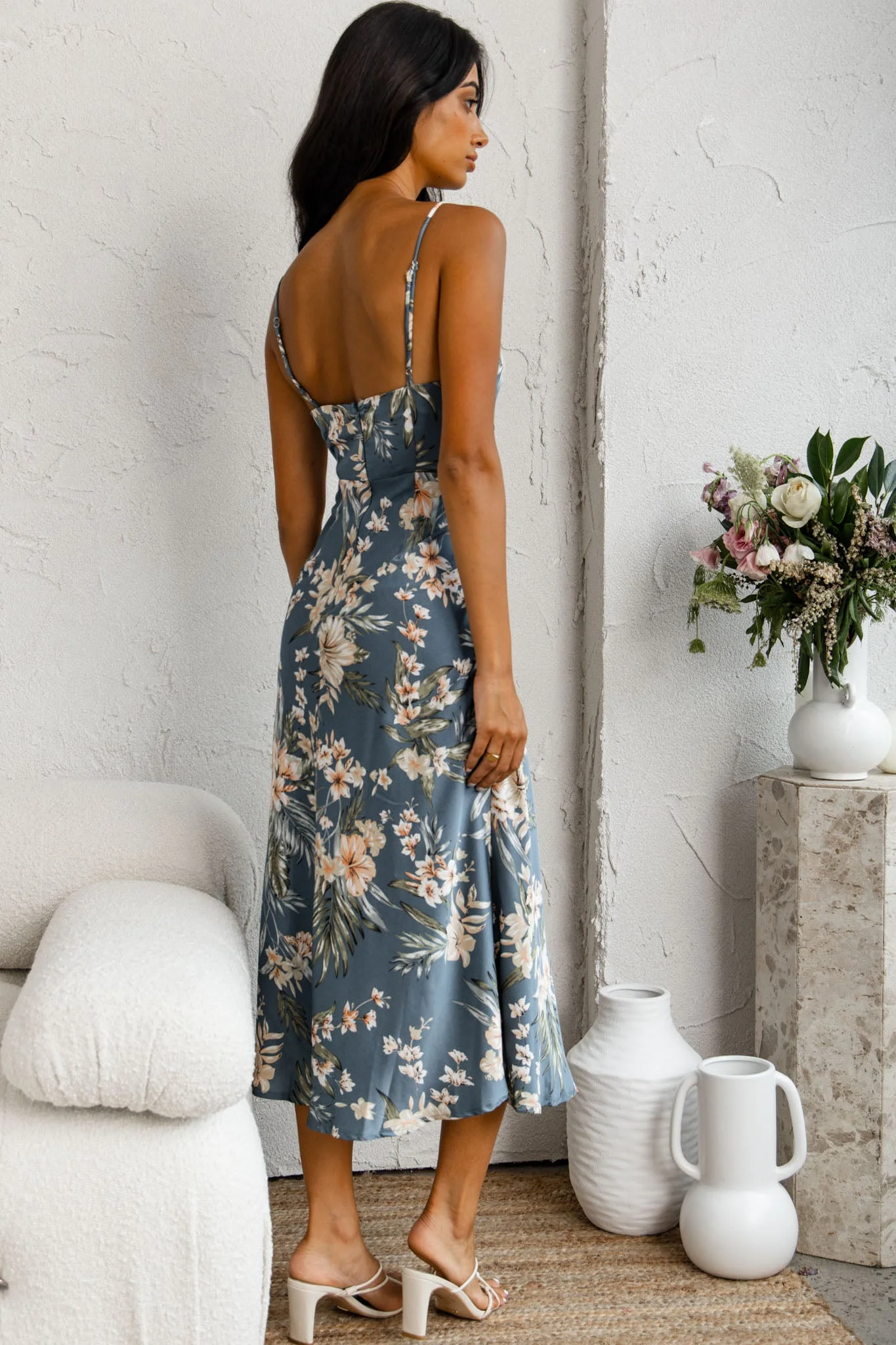 Suki Front Split Midi Dress Tropical Floral Print Navy - Image 2