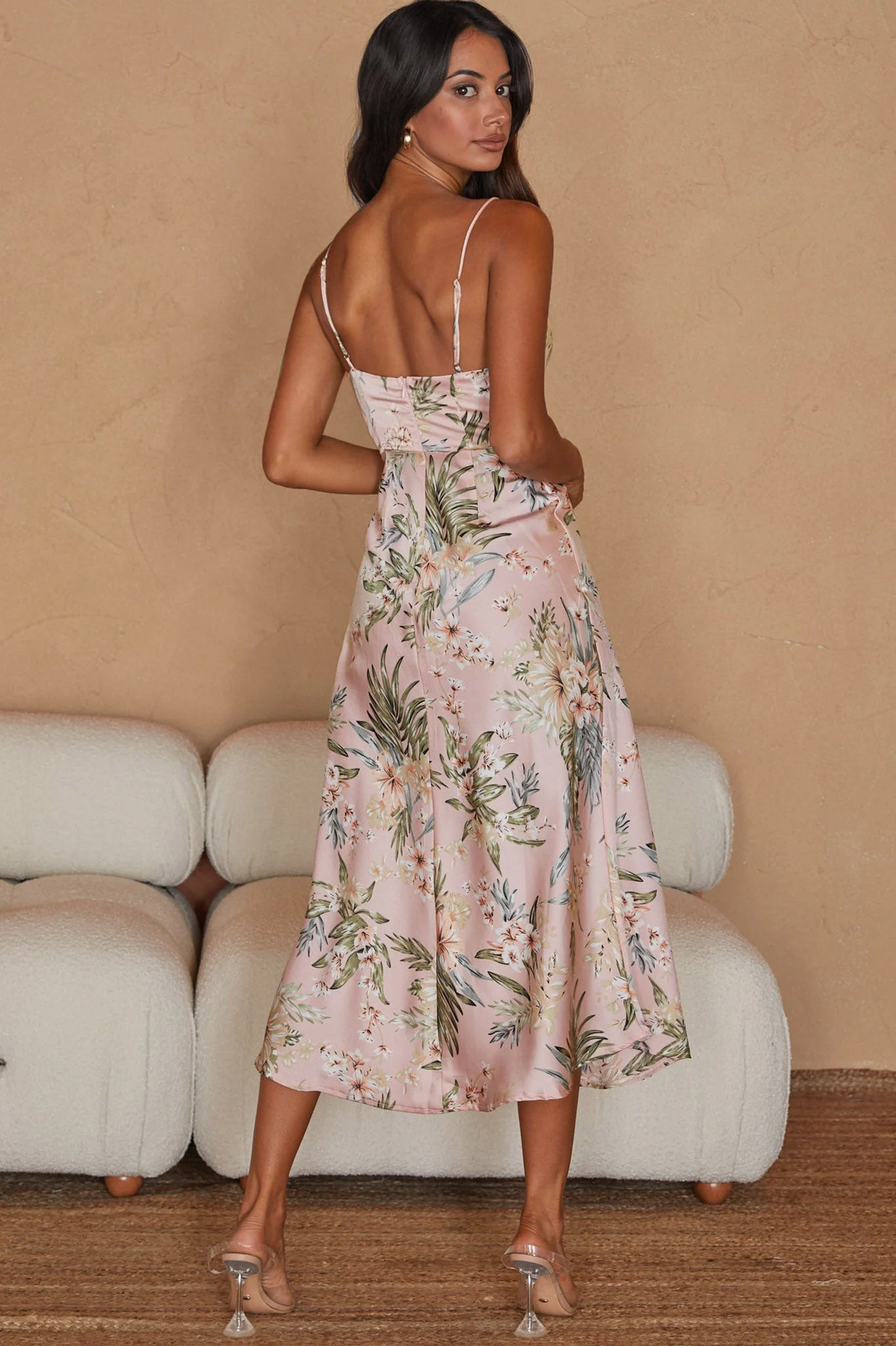 Suki Front Split Midi Dress Tropical Floral Print Pink - Image 2