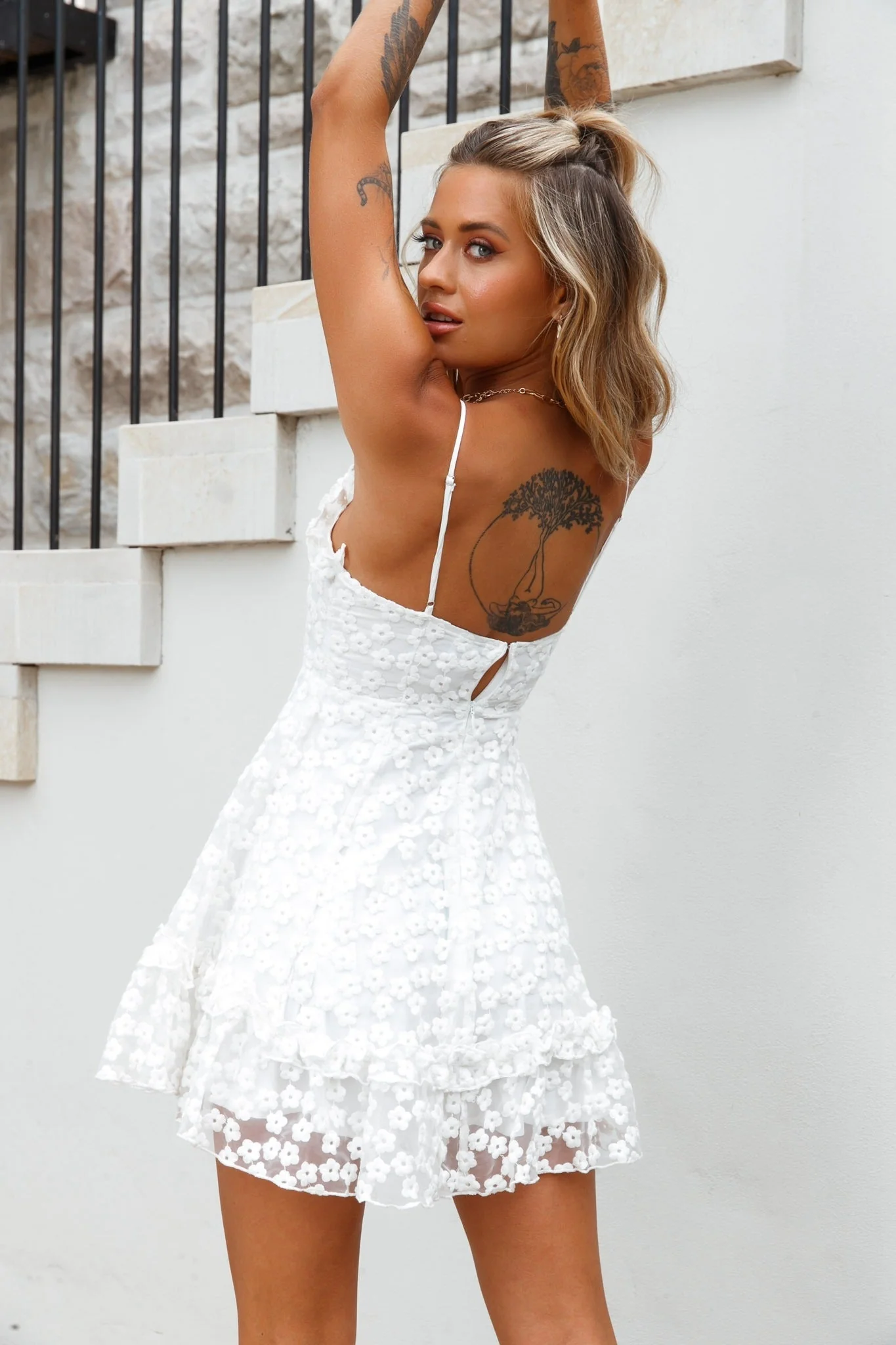Summer Daze Frill Bust Floral Embroidered Overlay Dress White - Image 3