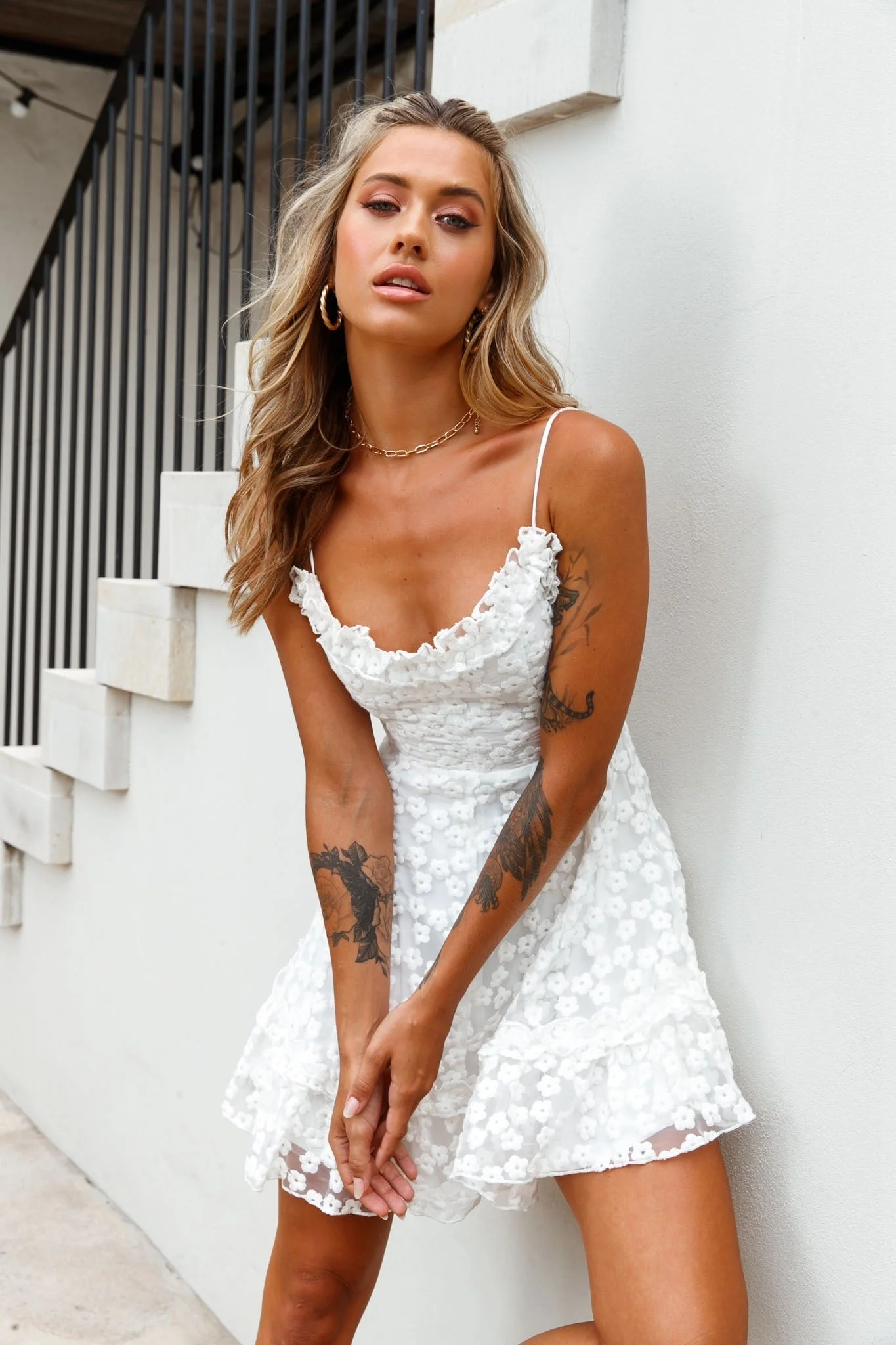 Summer Daze Frill Bust Floral Embroidered Overlay Dress White - Image 7