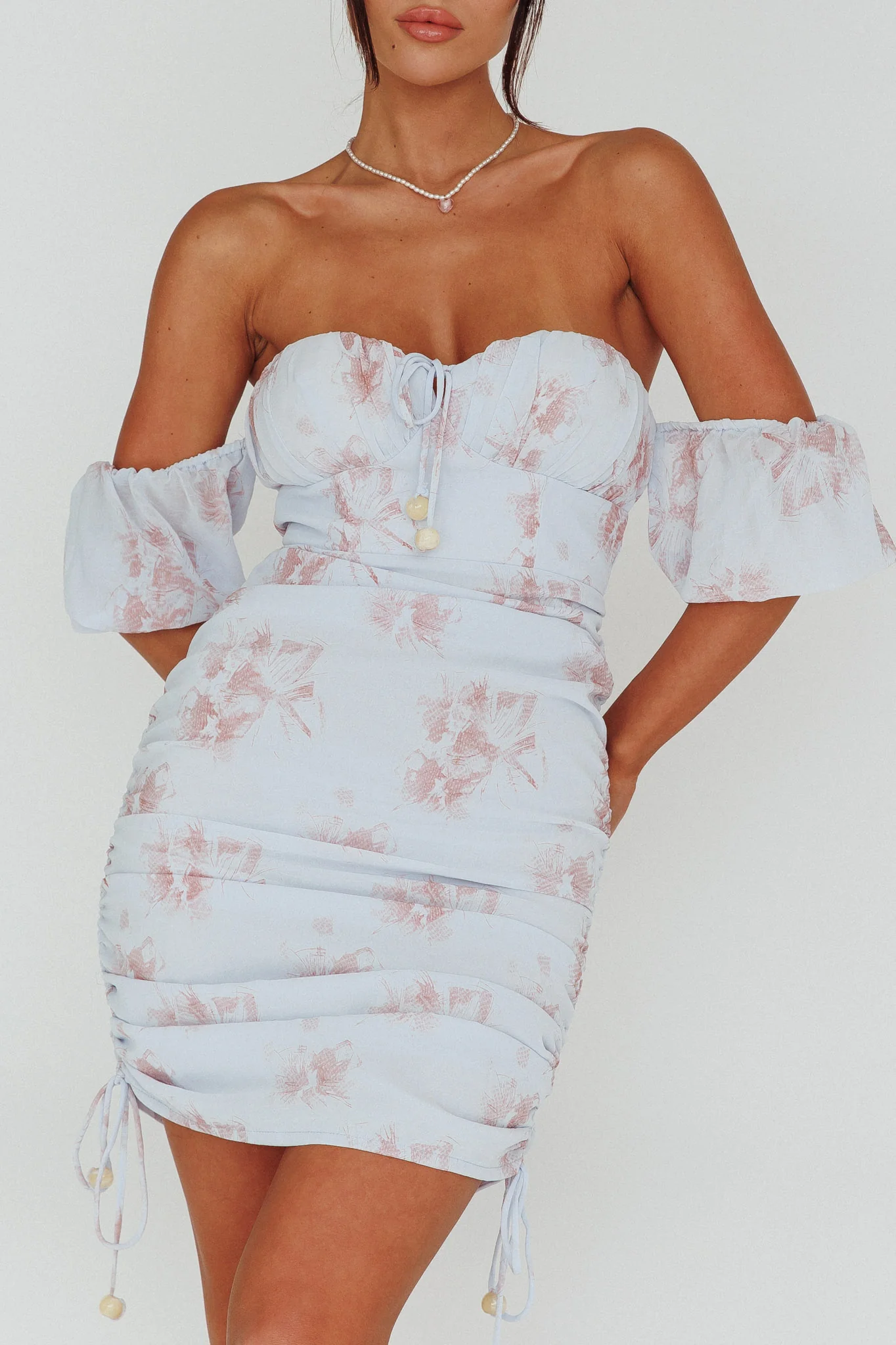 Summer In Paradise Sweetheart Neckline Ruched Side Dress Printed Blue - Image 4