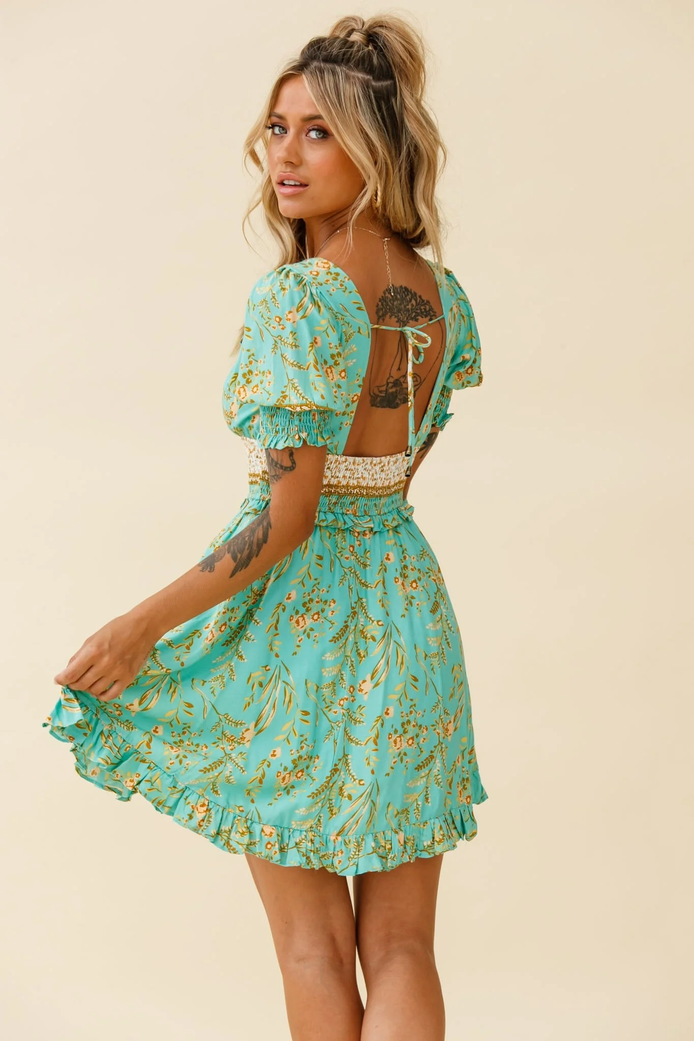 Summer In Paris Puff Sleeve Open Back Dress Botanical Print Mint - Image 3