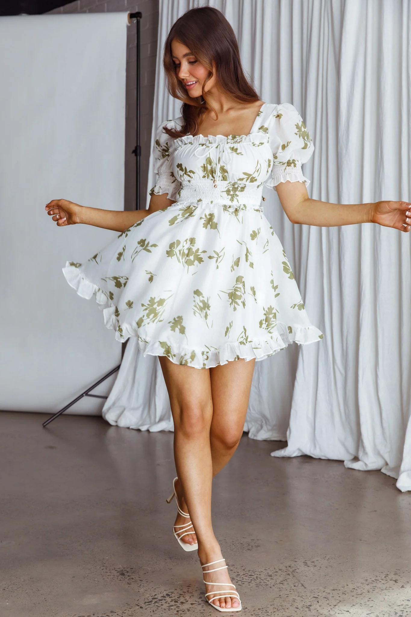 Summer In Paris Puff Sleeve Open Back Dress Floral Olive - Image 2