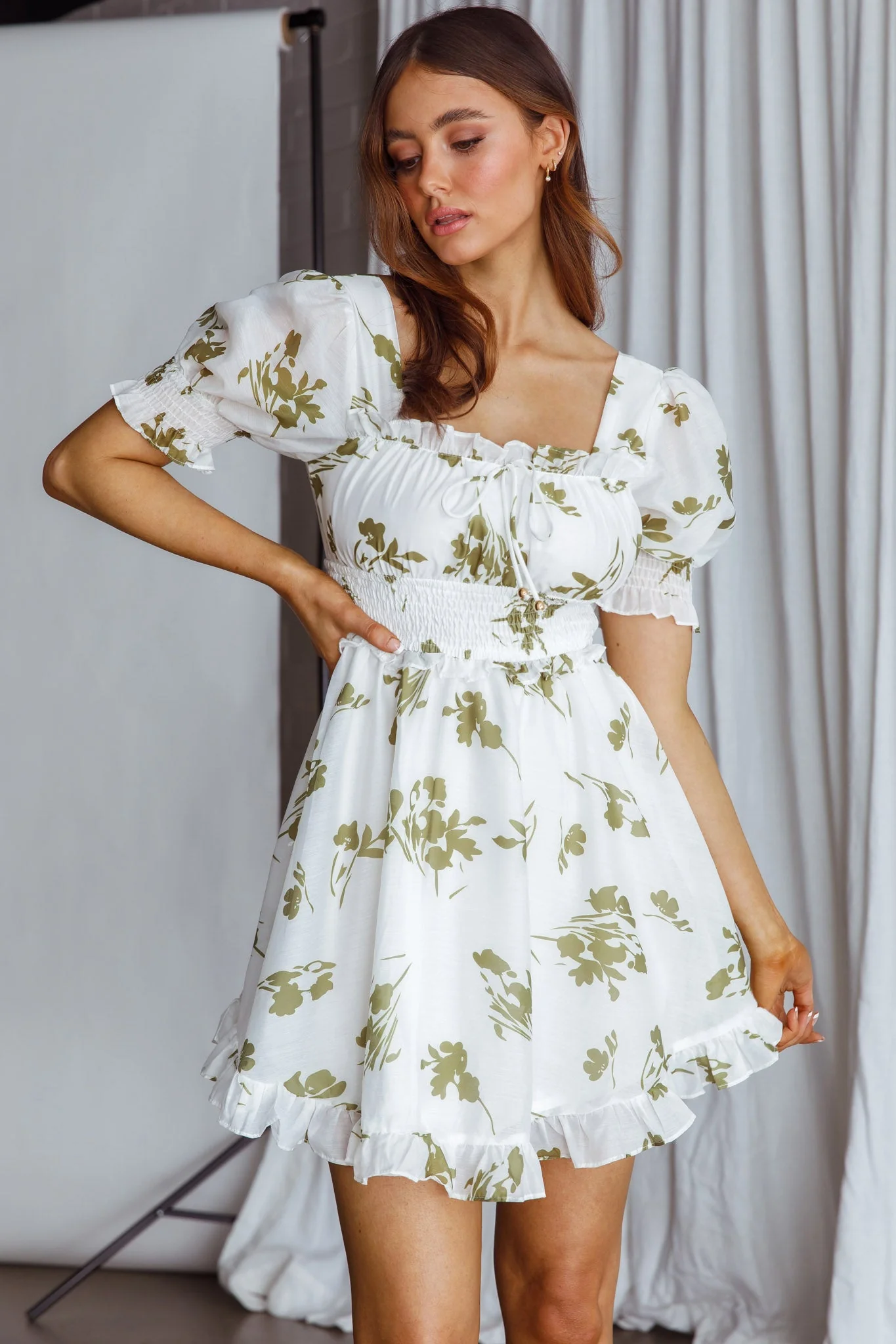 Summer In Paris Puff Sleeve Open Back Dress Floral Olive - Image 6