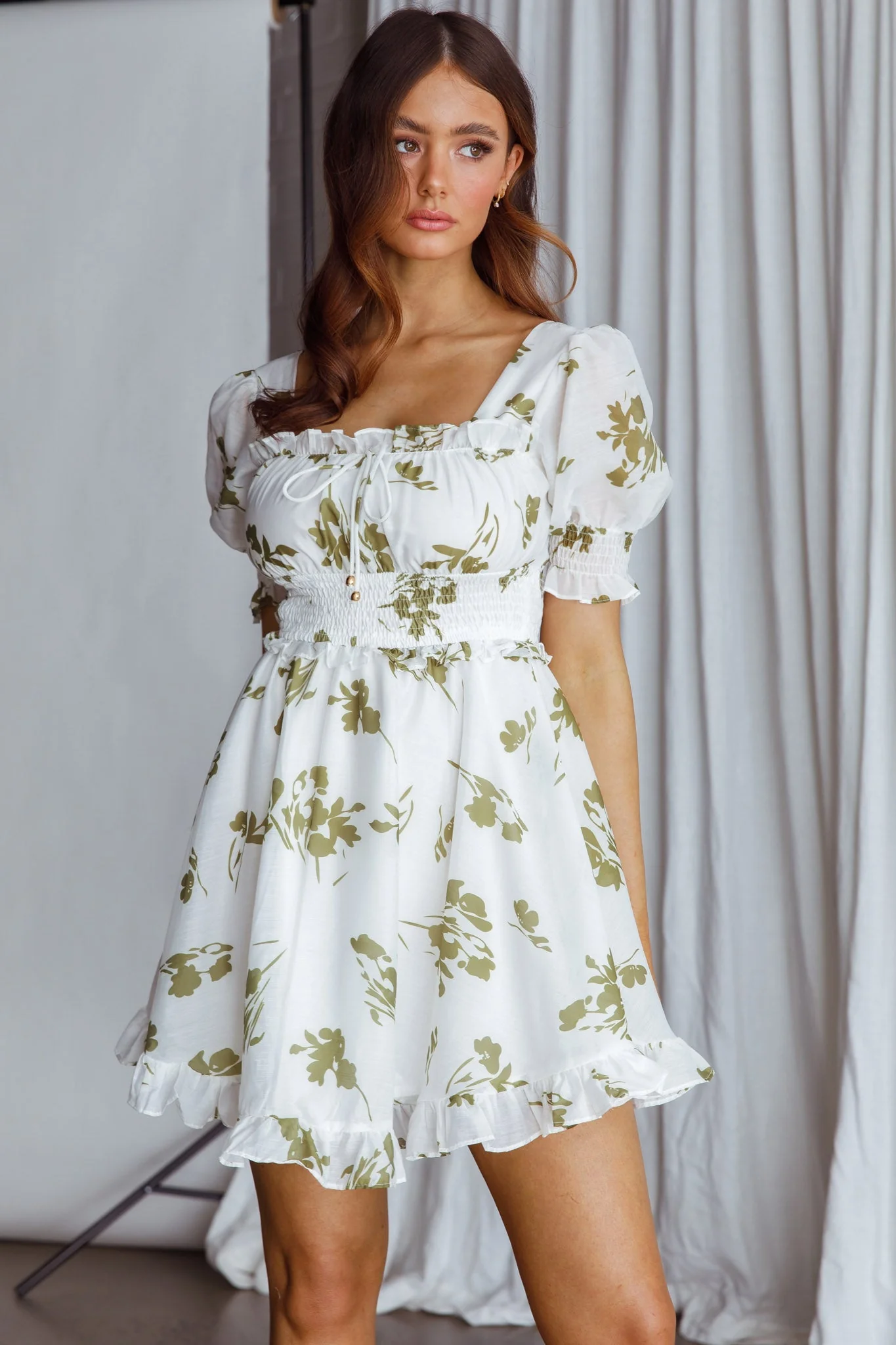 Summer In Paris Puff Sleeve Open Back Dress Floral Olive - Image 8