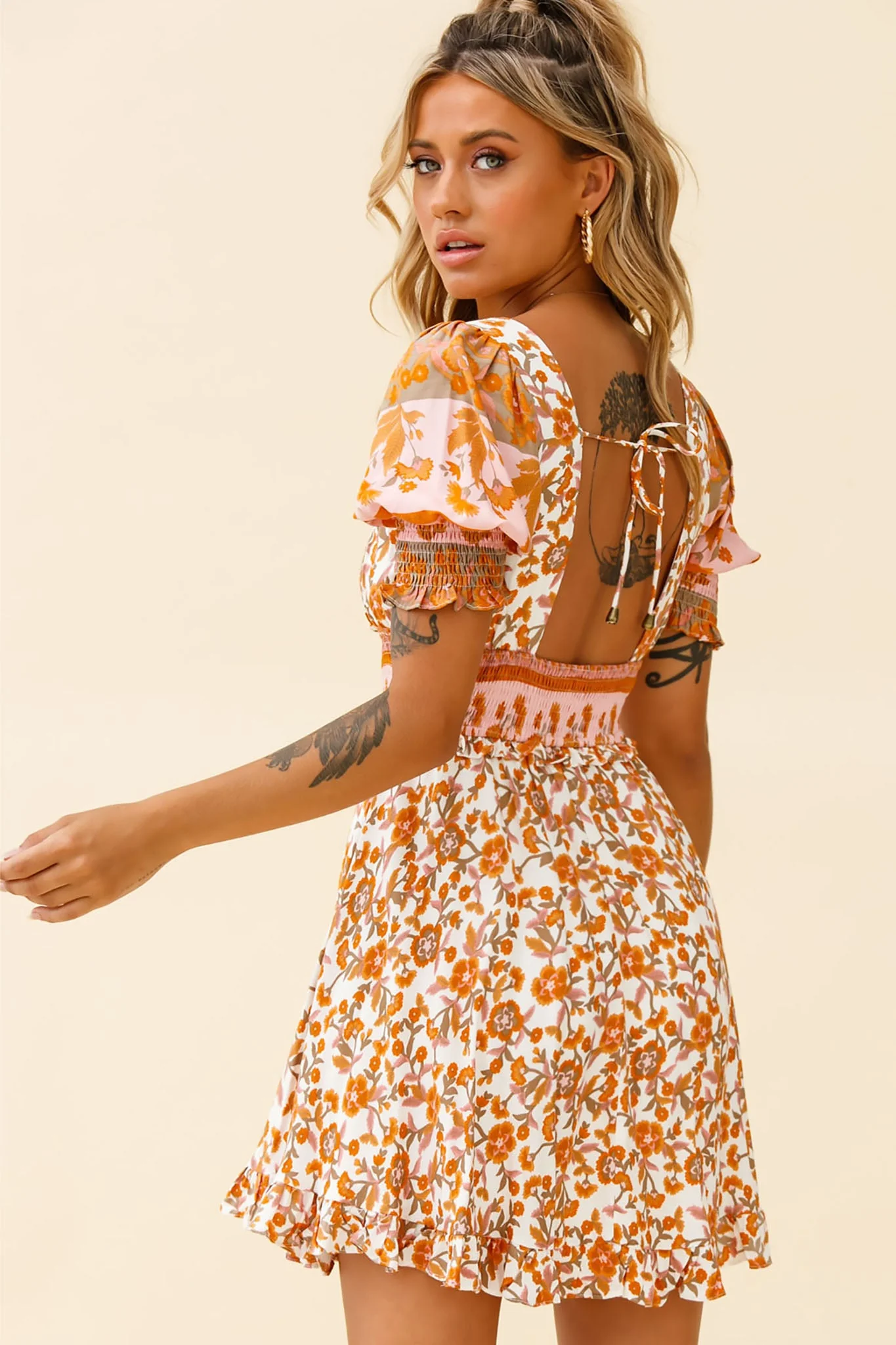 Summer In Paris Puff Sleeve Open Back Dress Floral Print White/Pink - Image 2