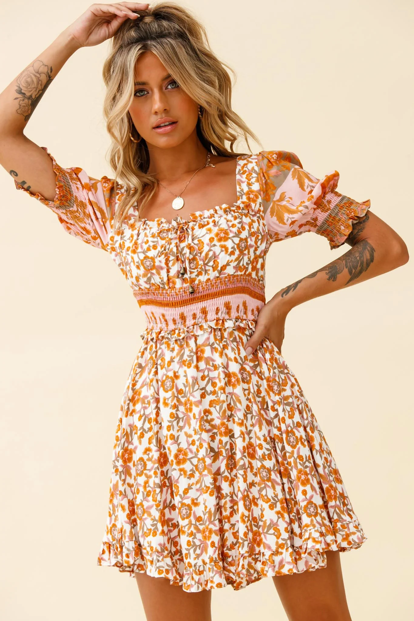 Summer In Paris Puff Sleeve Open Back Dress Floral Print White/Pink - Image 5