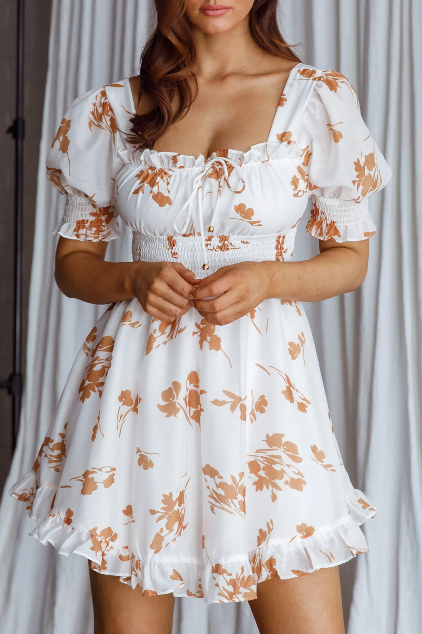 Summer In Paris Puff Sleeve Open Back Dress Floral Tan - Image 4
