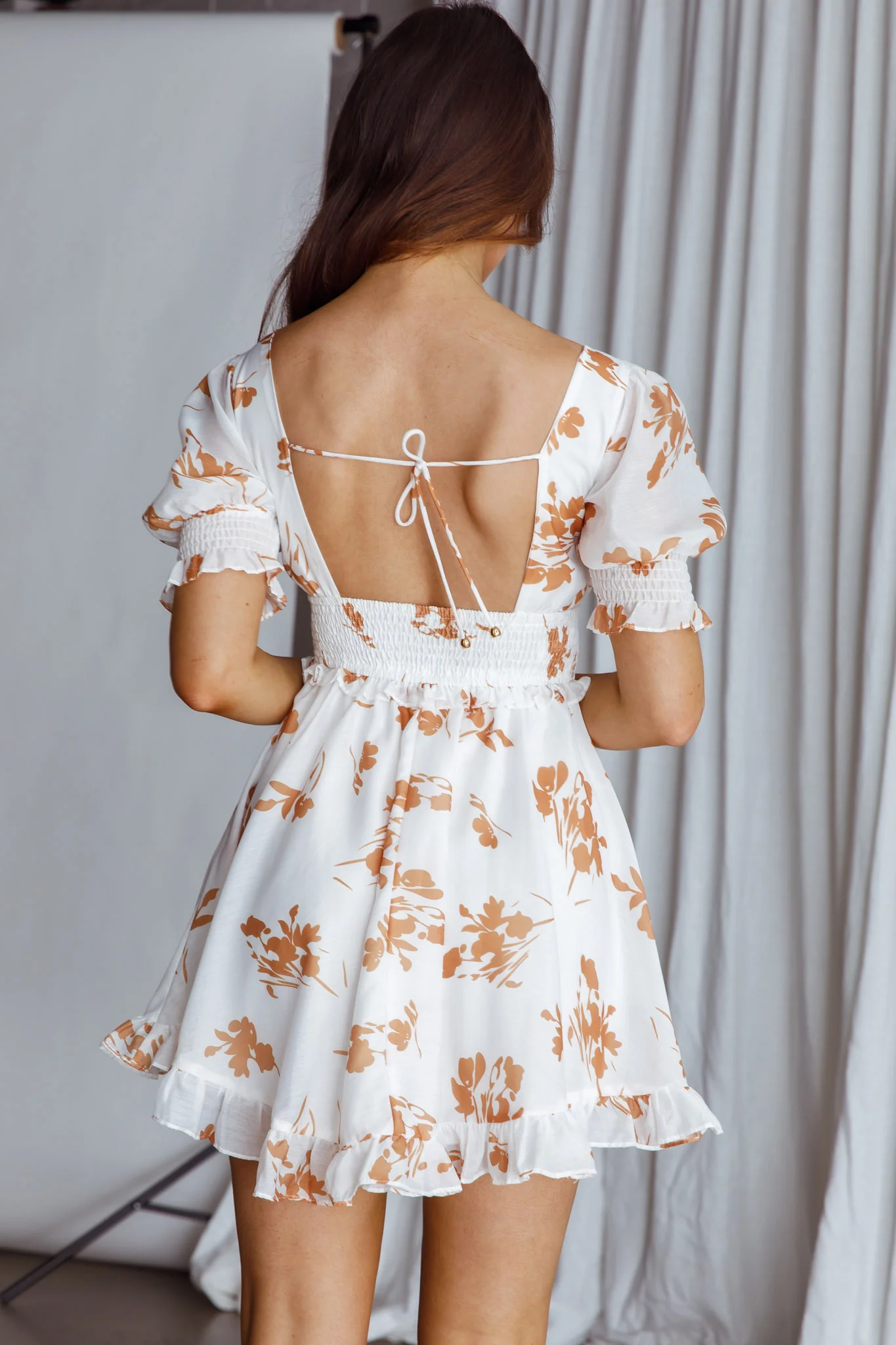 Summer In Paris Puff Sleeve Open Back Dress Floral Tan - Image 8