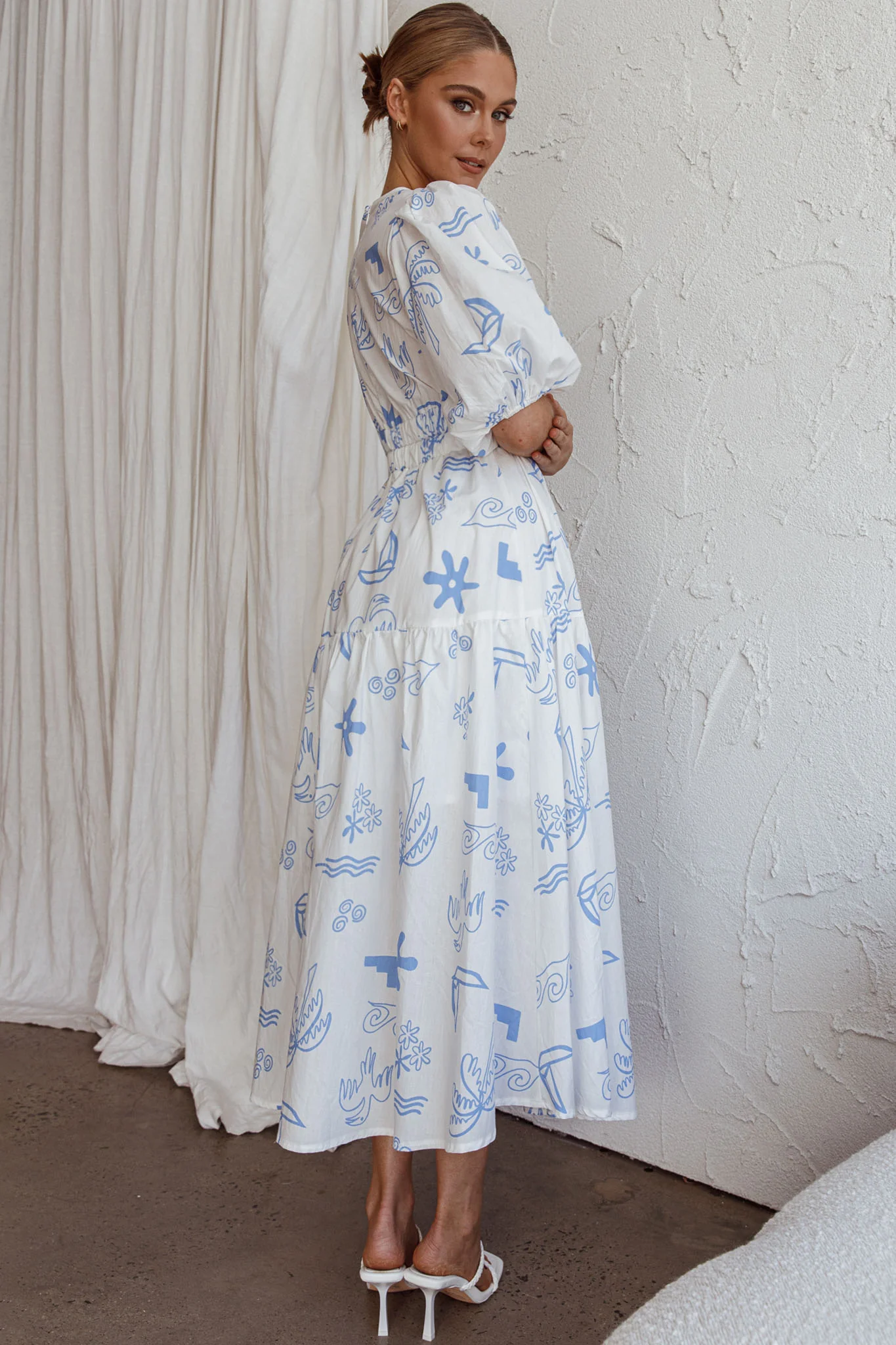 Summer Land V-Neckline Midi Dress Printed White - Image 2
