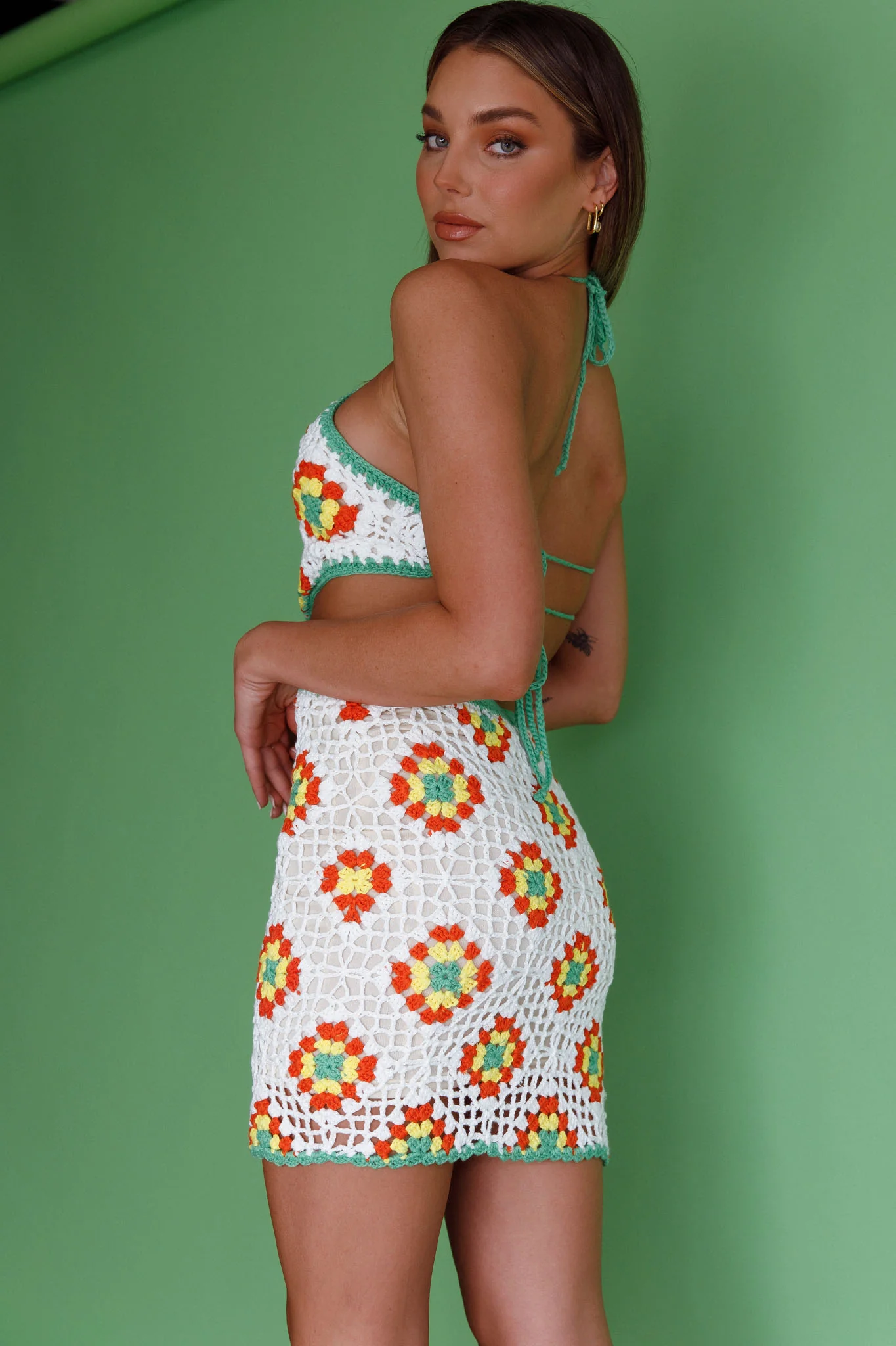 Summer Love Open Back Crochet Mini Dress Green - Image 3
