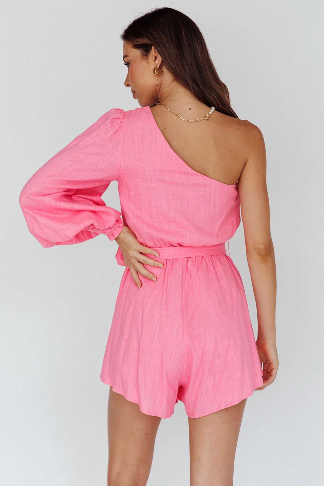 Summer Lover One-Shoulder Long Sleeve Romper Pink - Image 2