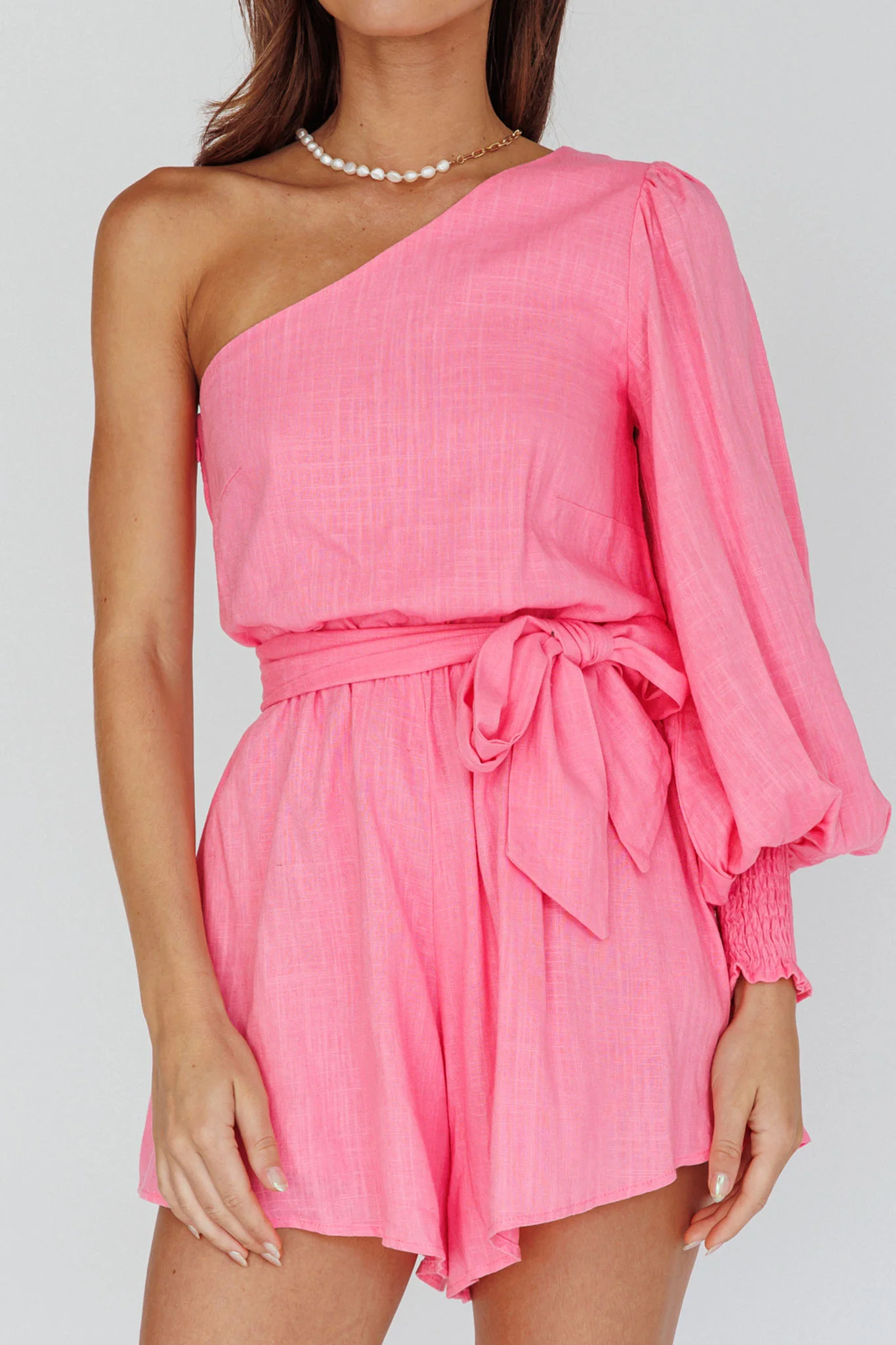 Summer Lover One-Shoulder Long Sleeve Romper Pink - Image 4
