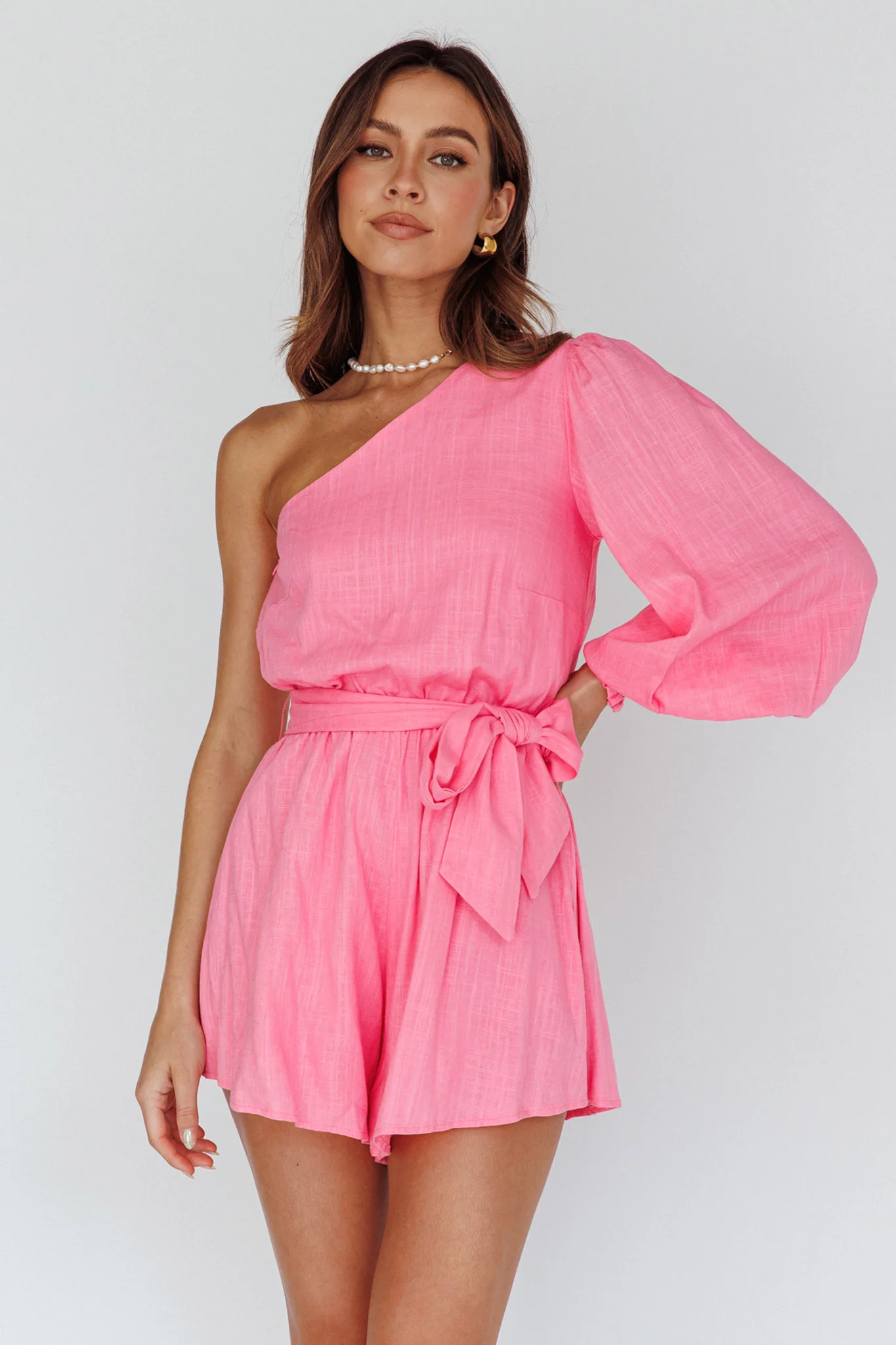 Summer Lover One-Shoulder Long Sleeve Romper Pink - Image 5