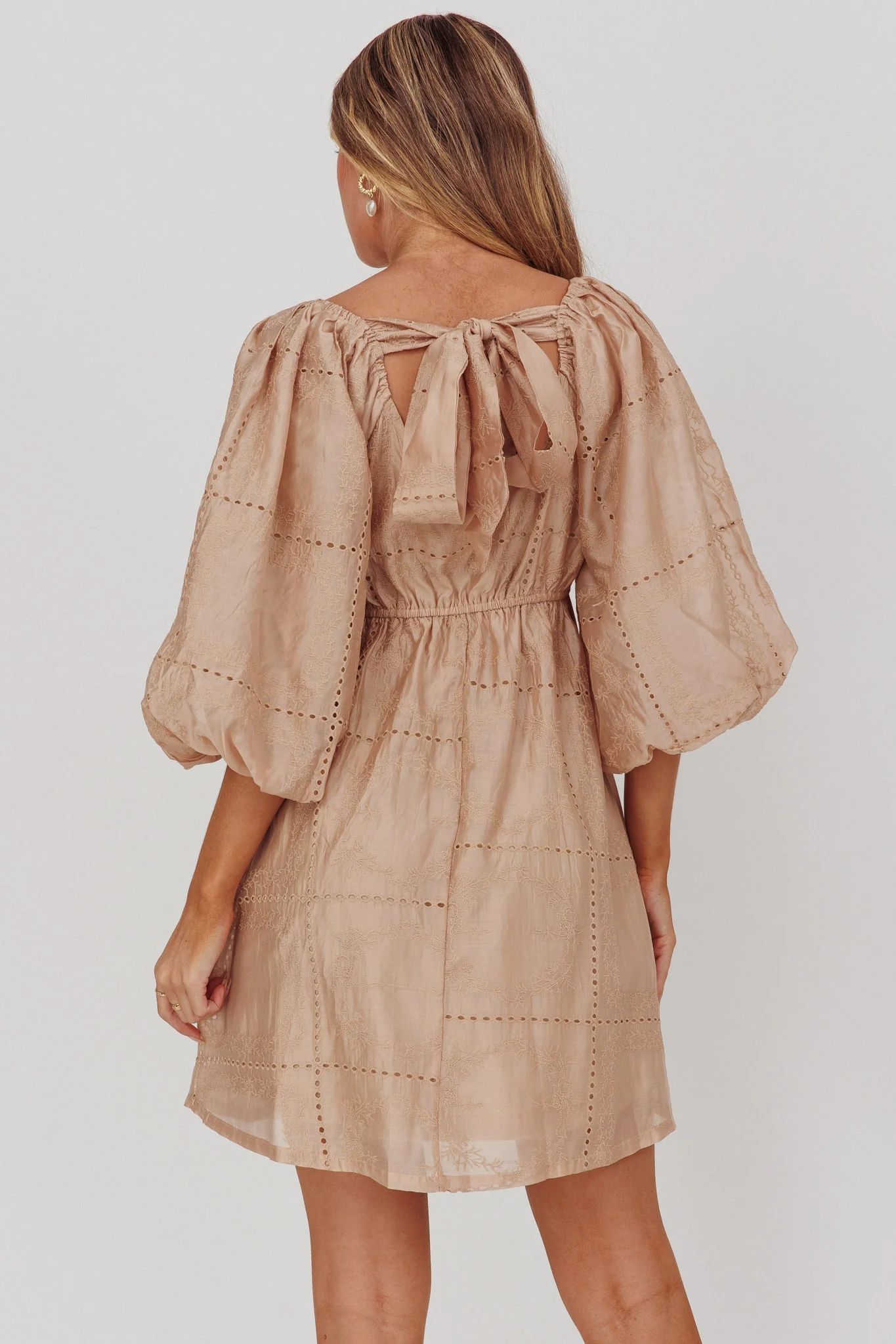 Summerlin Puff Sleeve Eyelet Mini Dress Beige - Image 2
