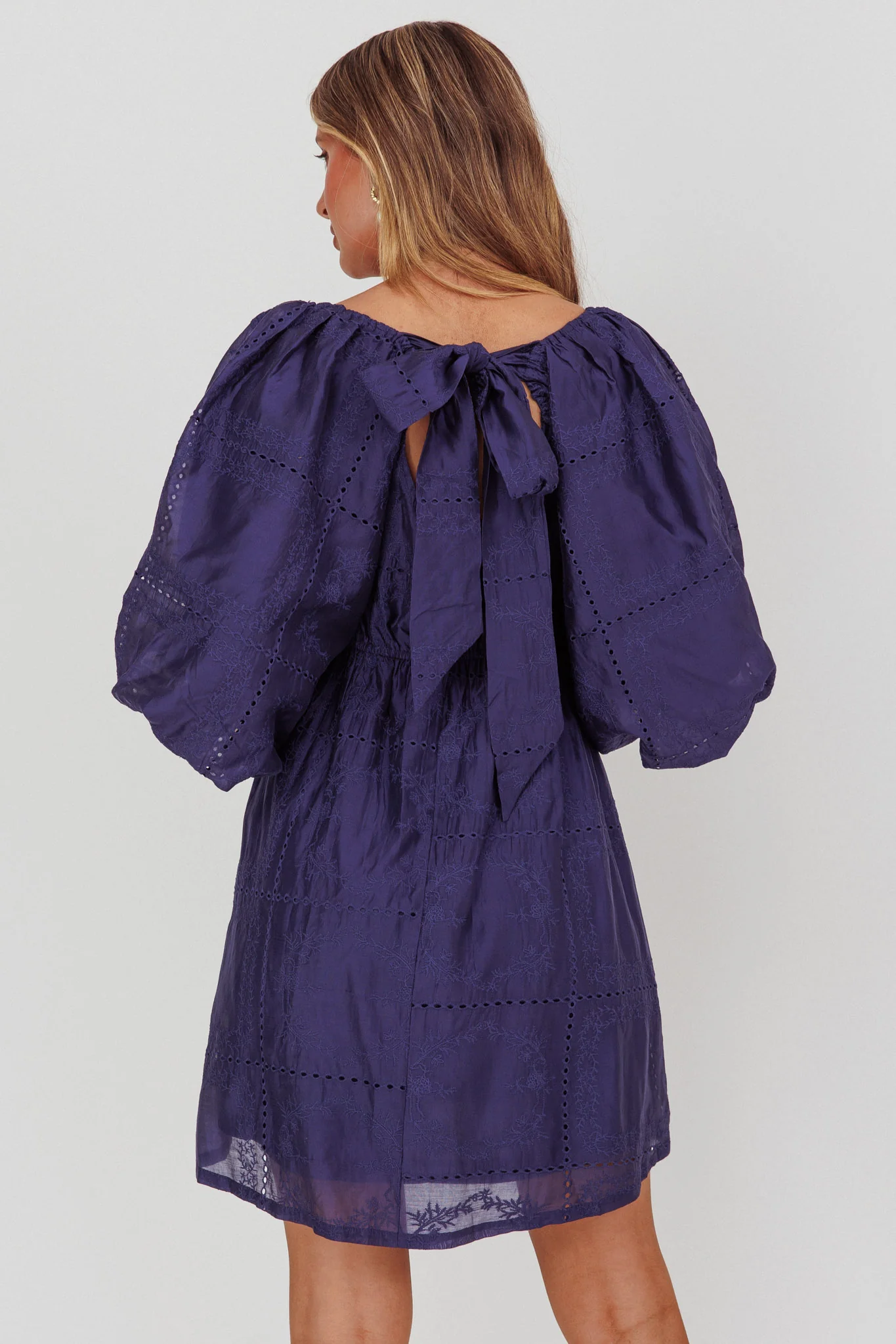 Summerlin Puff Sleeve Eyelet Mini Dress Navy - Image 2
