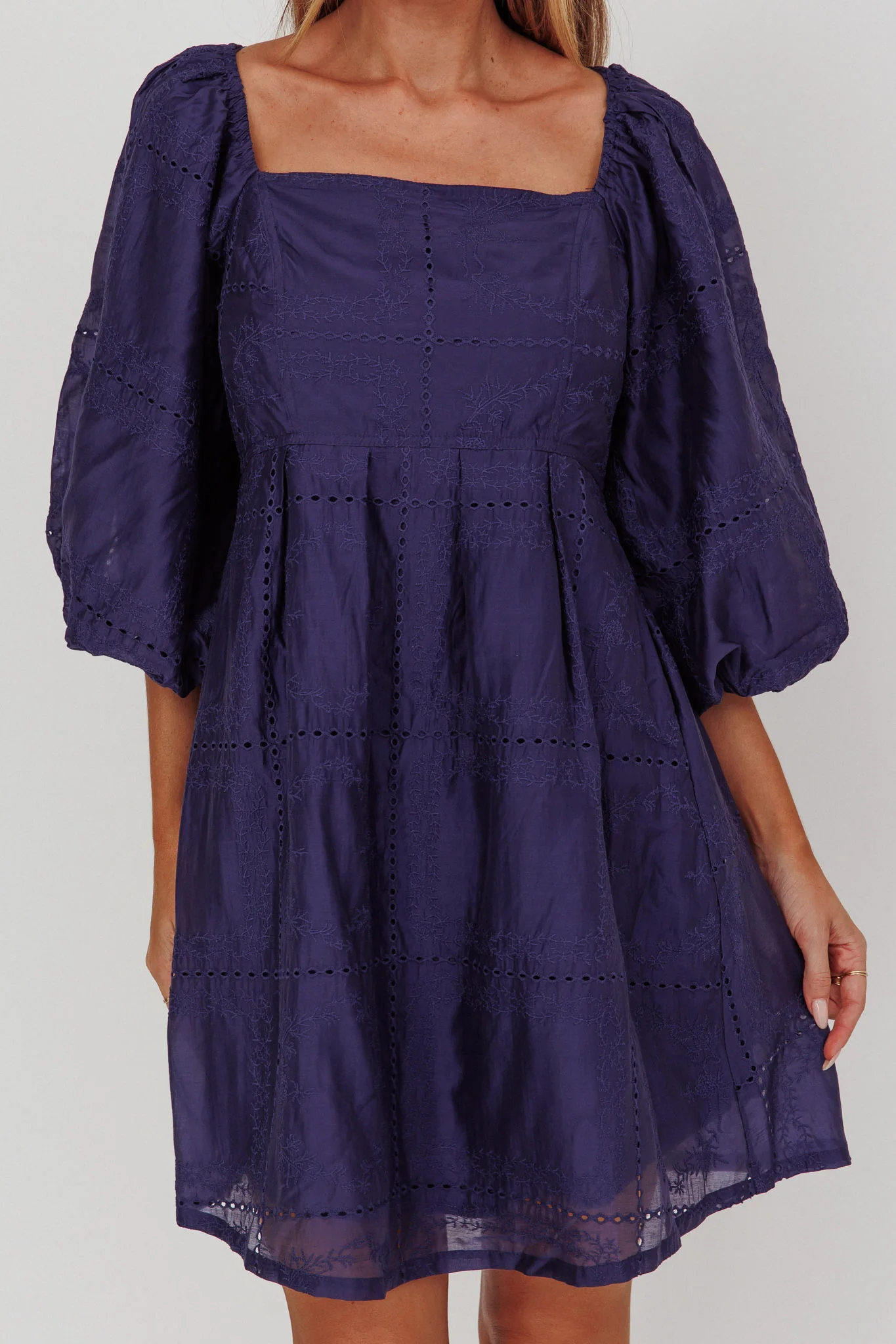 Summerlin Puff Sleeve Eyelet Mini Dress Navy - Image 4