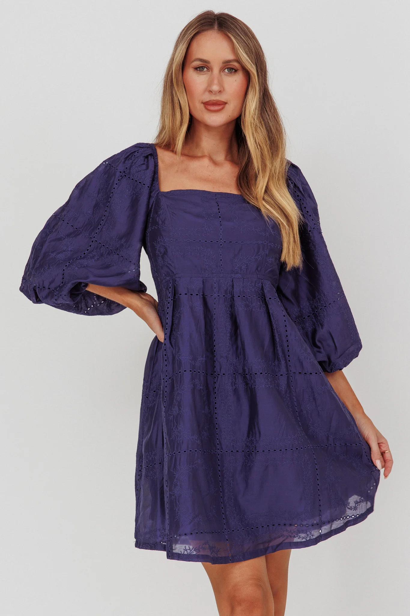 Summerlin Puff Sleeve Eyelet Mini Dress Navy - Image 5