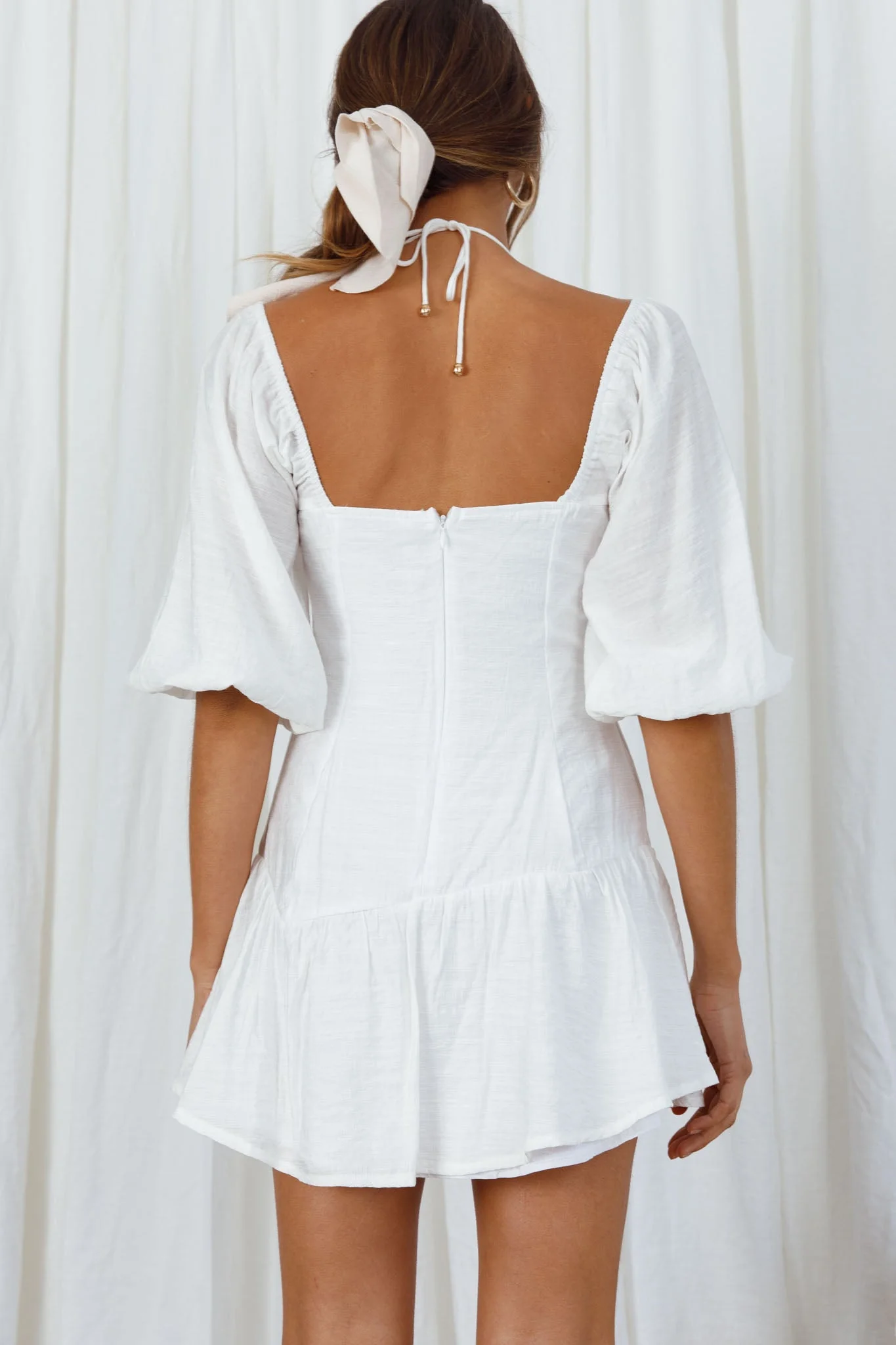 Summertime String-Tie Halterneck Puff Sleeve Mini Dress White - Image 2