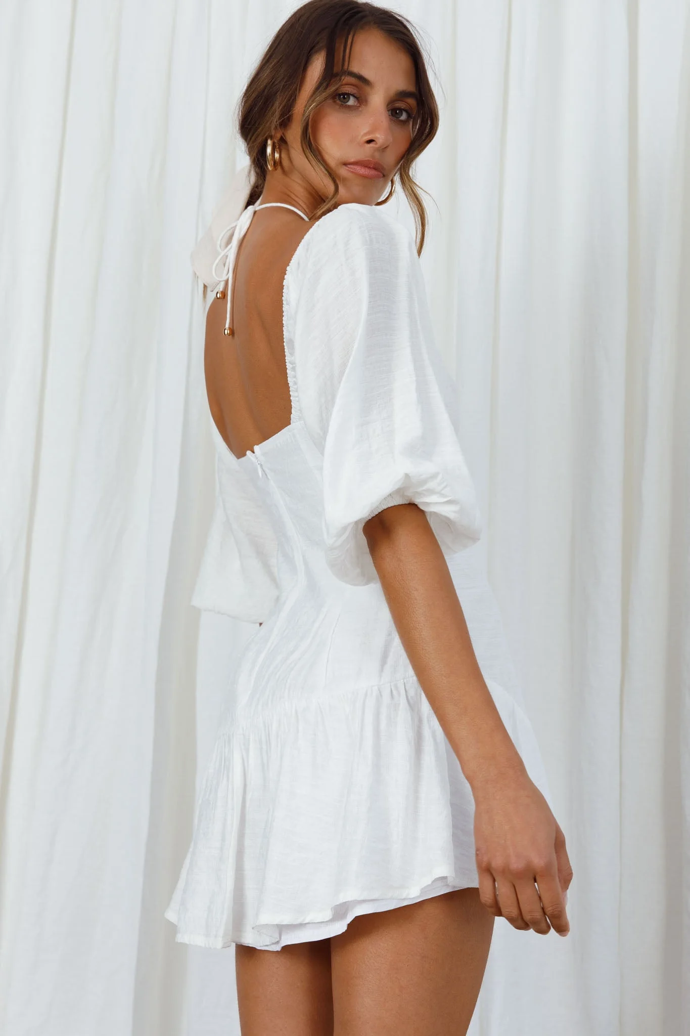 Summertime String-Tie Halterneck Puff Sleeve Mini Dress White - Image 7