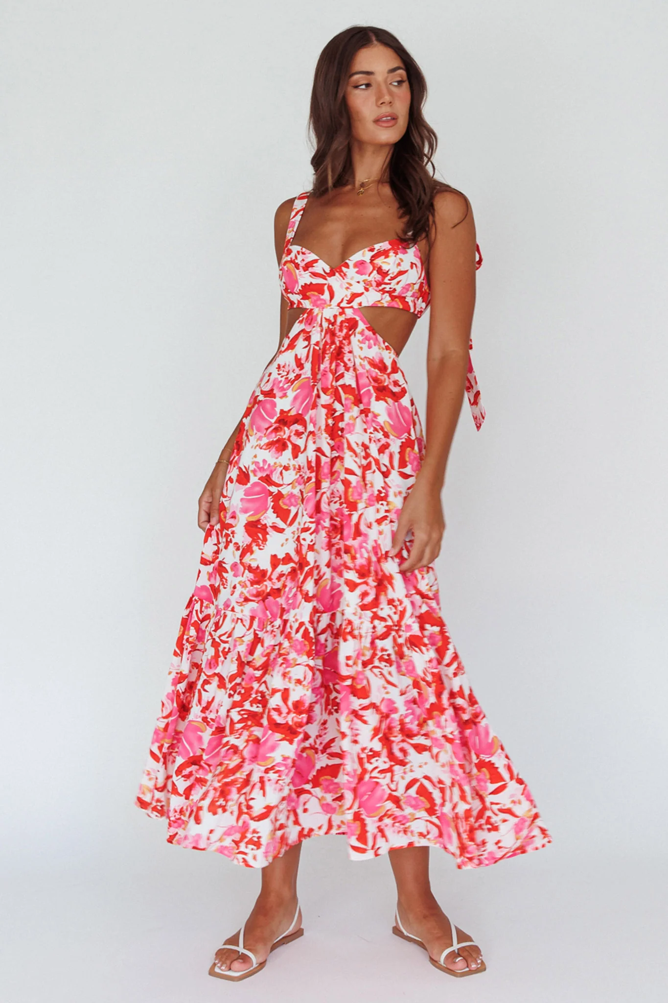 Sun Seeker Tied Shoulder Cut-Out Maxi Dress Floral Red - Image 3