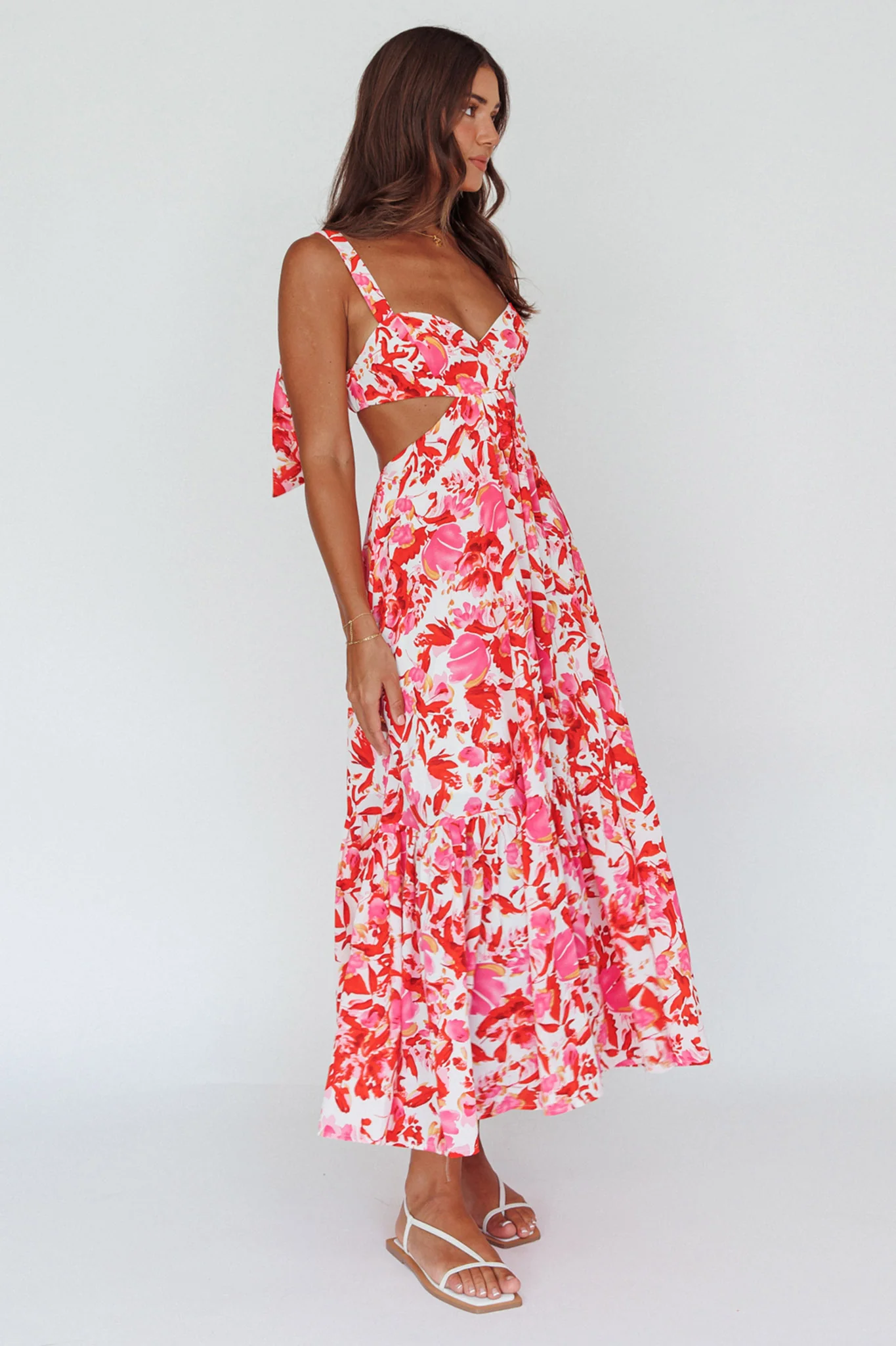 Sun Seeker Tied Shoulder Cut-Out Maxi Dress Floral Red - Image 5