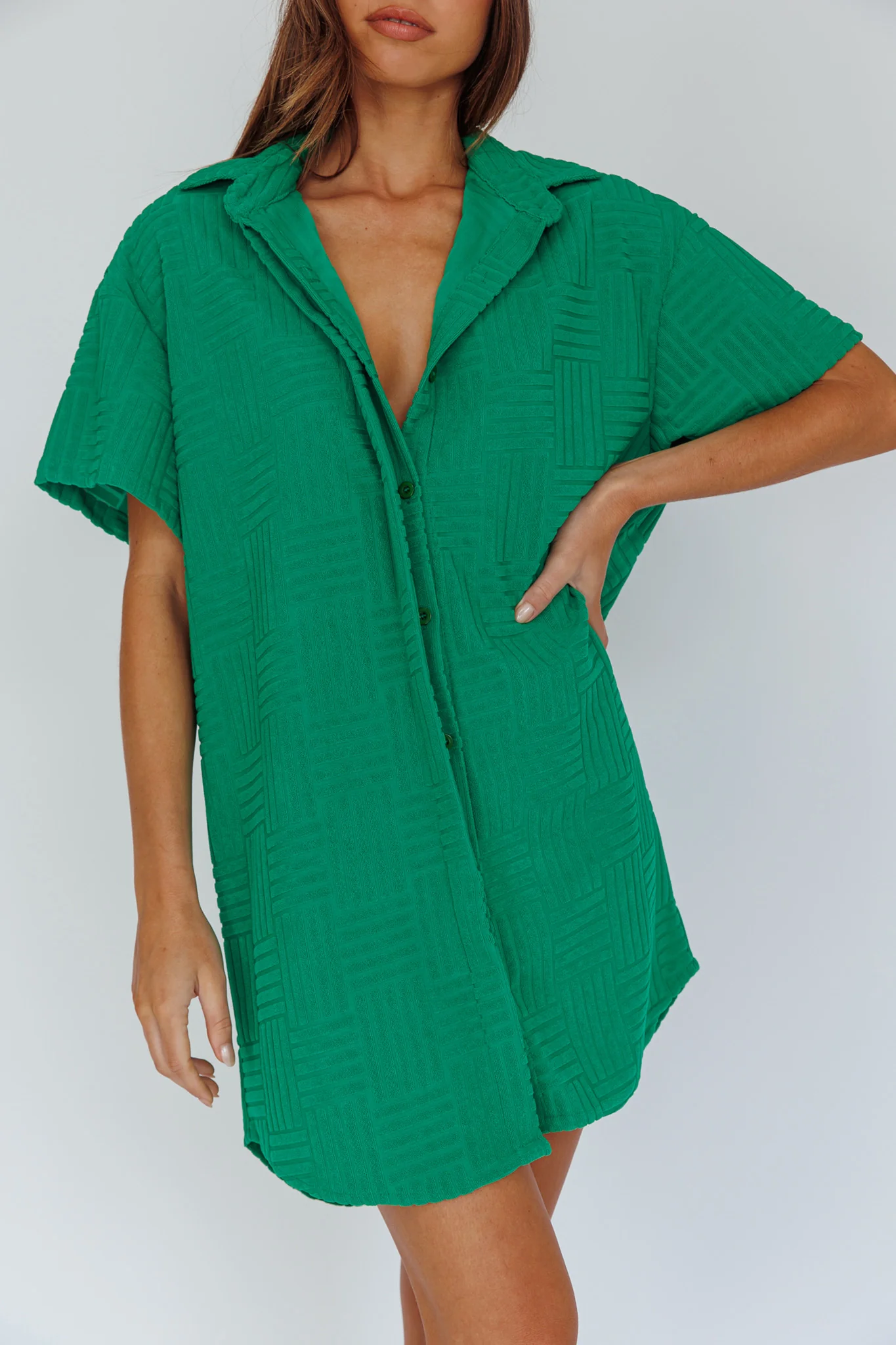 Sun Time Textured Shirt Dress Green - Image 4