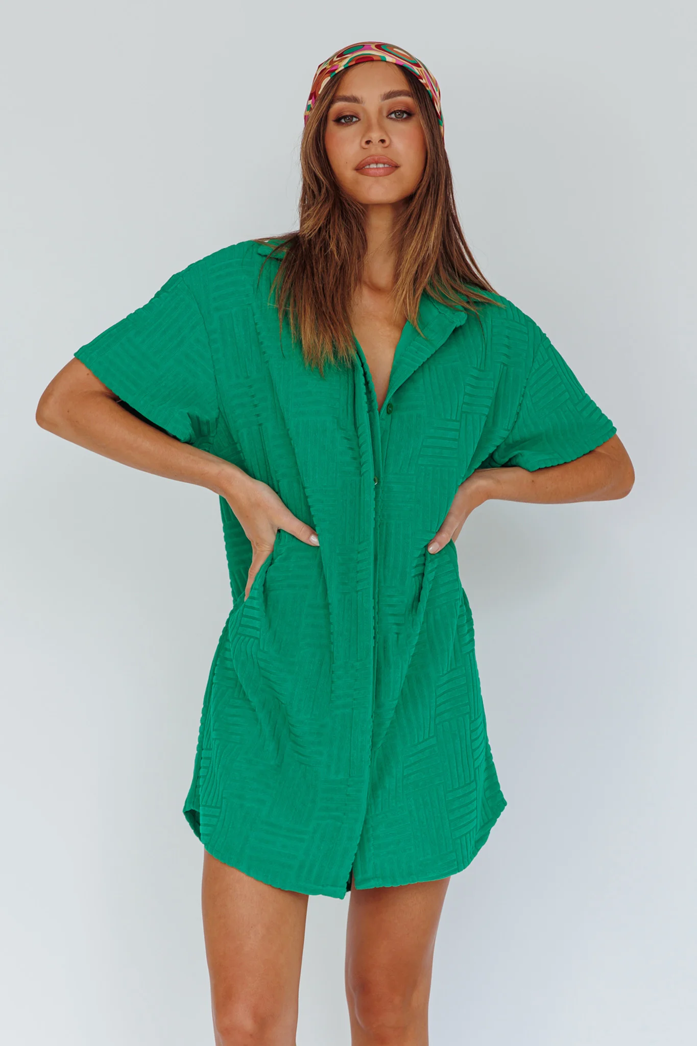 Sun Time Textured Shirt Dress Green - Image 5