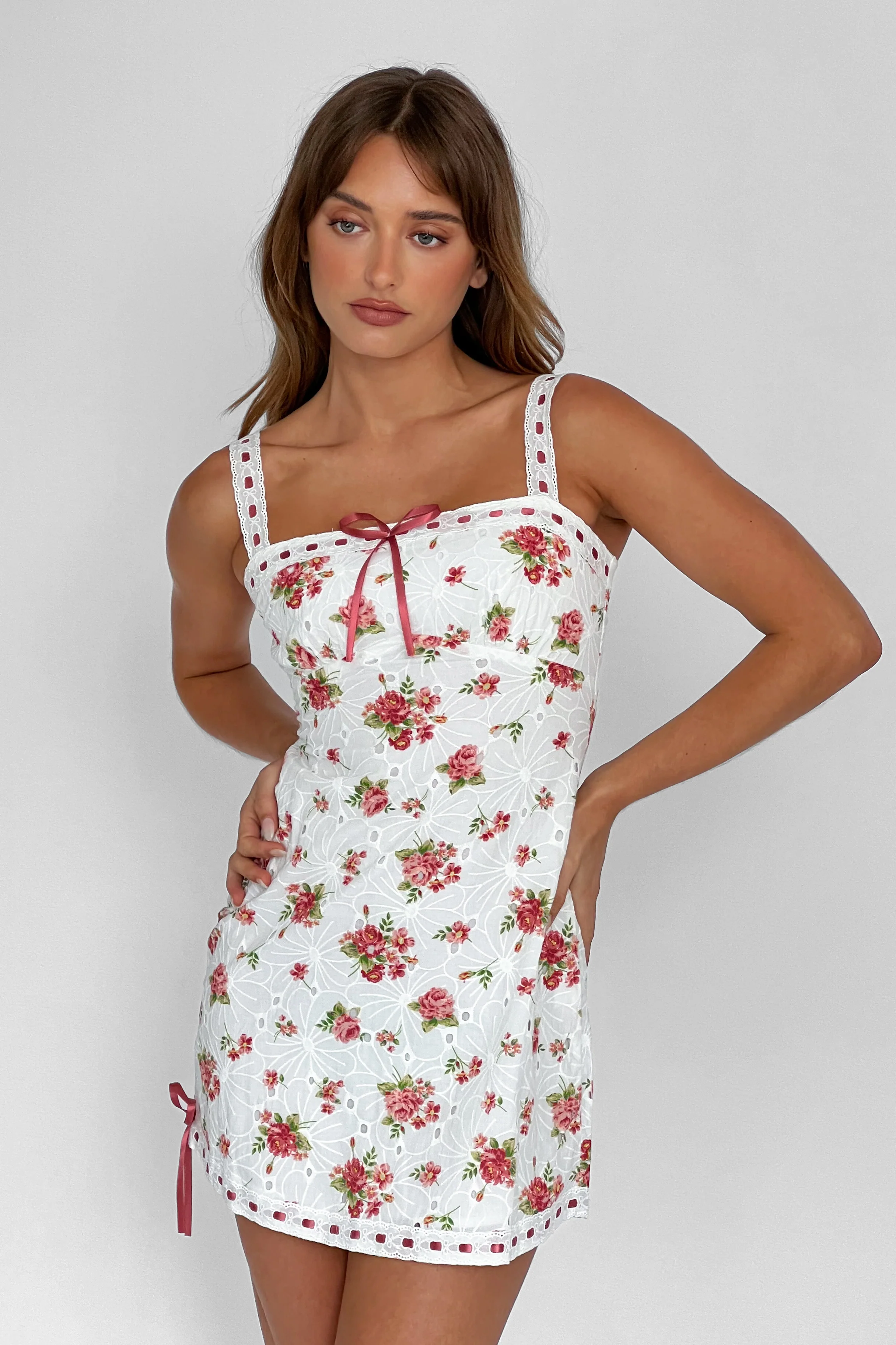 Sunbeam Eyelet Embroidery Bow Mini Dress Floral Pink - Image 2
