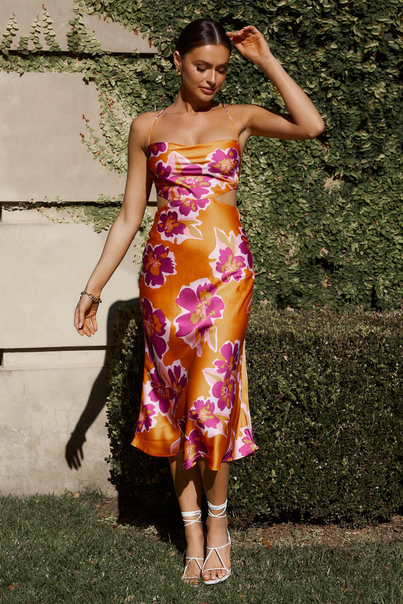 Sunday Bliss Tie-Up Back Cowl Neck Midi Dress Flower Orange - Image 4