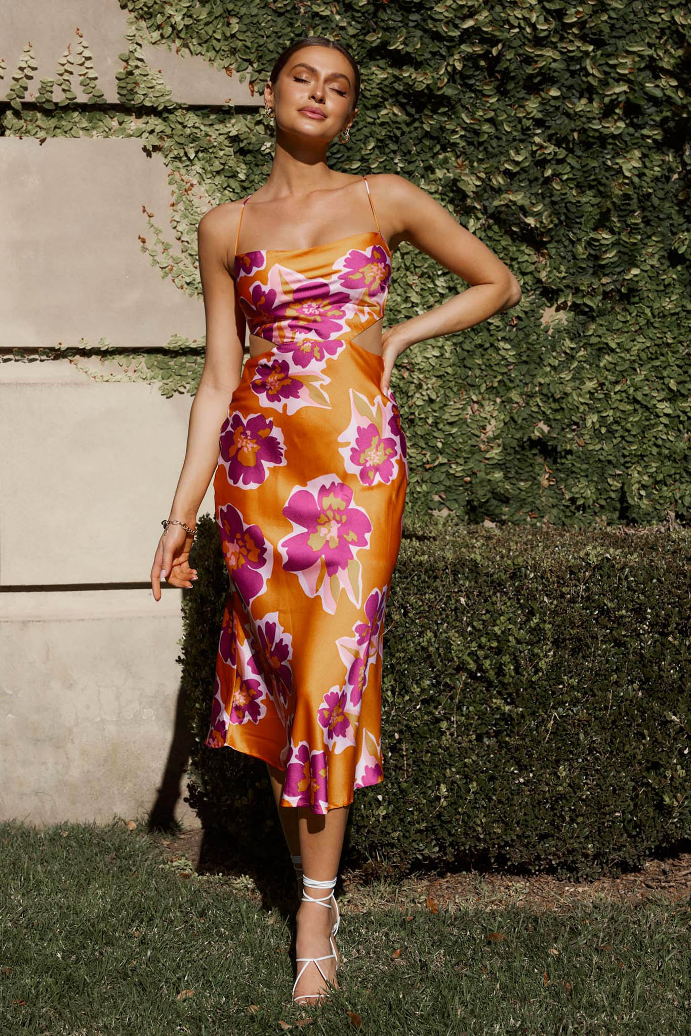 Sunday Bliss Tie-Up Back Cowl Neck Midi Dress Flower Orange - Image 5